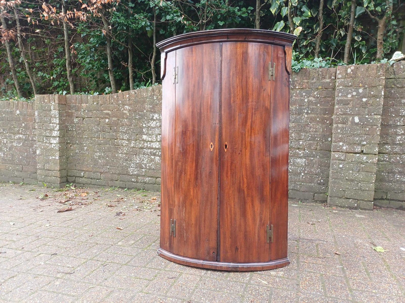 495.0 Victorian Mahogany Corner Cupboard Antique Bow Front Cabinet With Drawers Shelves Brass Hinges Oak Interior Storage photo