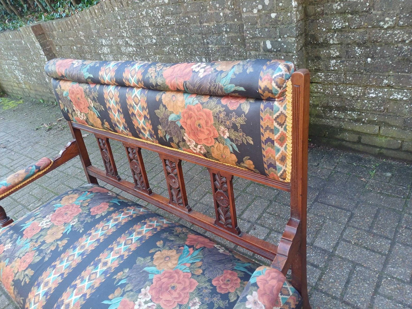 Large Quality Antique C1900 Mahogany Upholstered Vintage Hall Bench Settle With Floral Chintz Carved Back End Of Bed photo Furniture