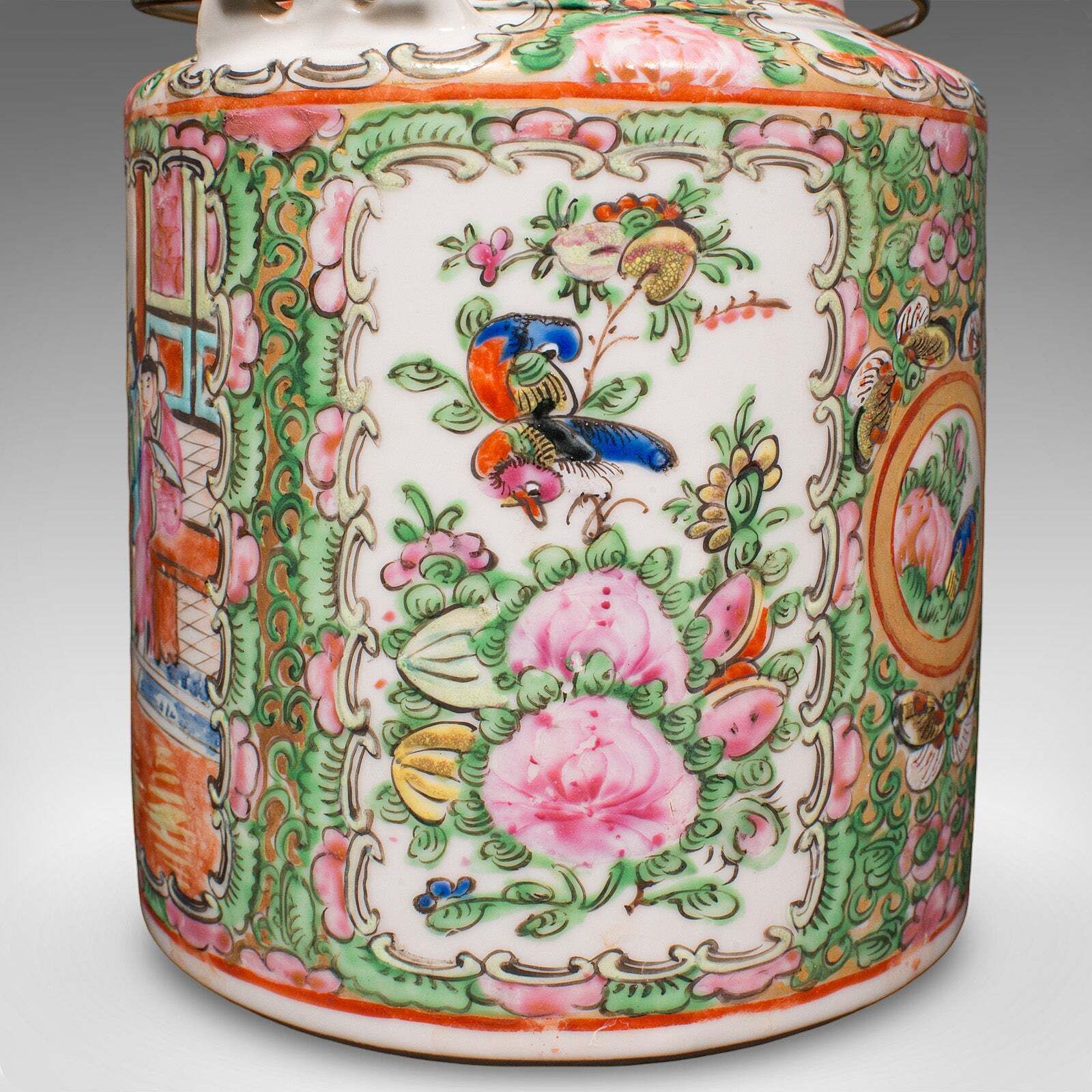 912.0 Antique Famille Rose Teapot, Oriental, Ceramic Chá Pot, Wicker Case, Circa 1920 photo