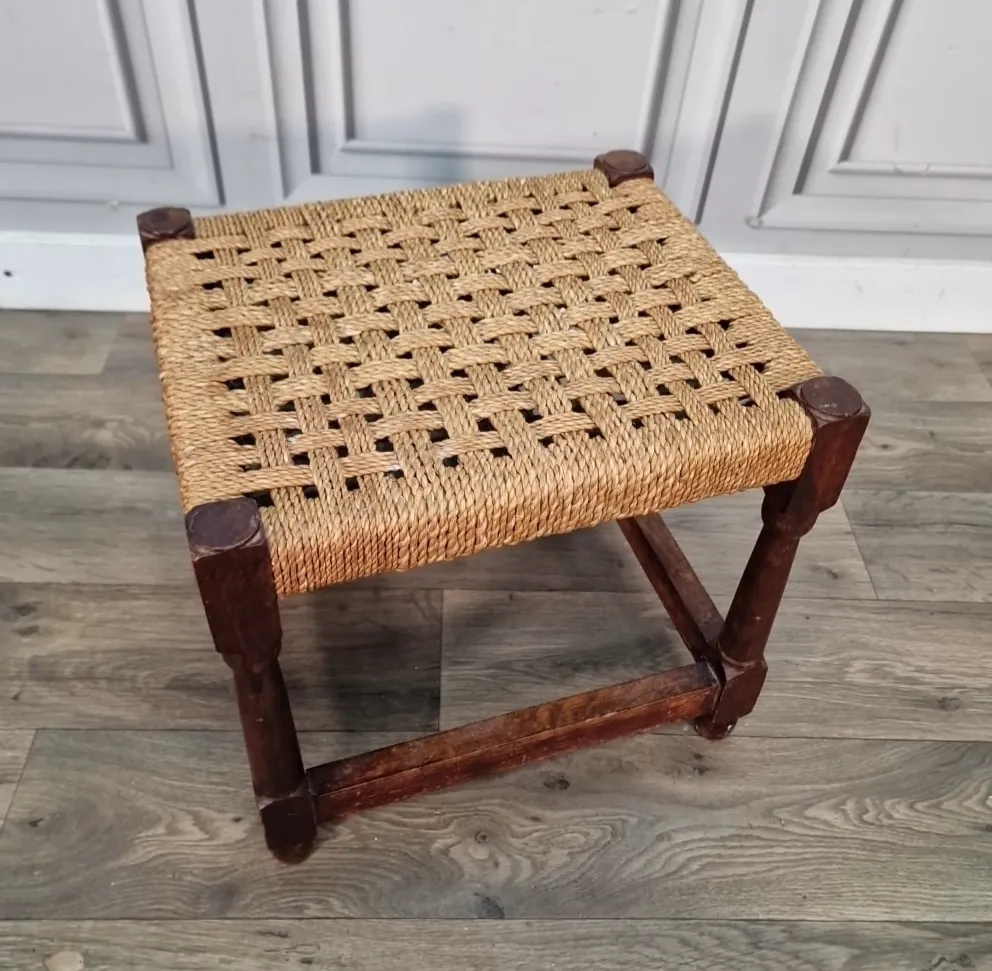 Antique Rush Foot Stool Oak Farmhouse Country Style Rope Footstool Rest photo for sale