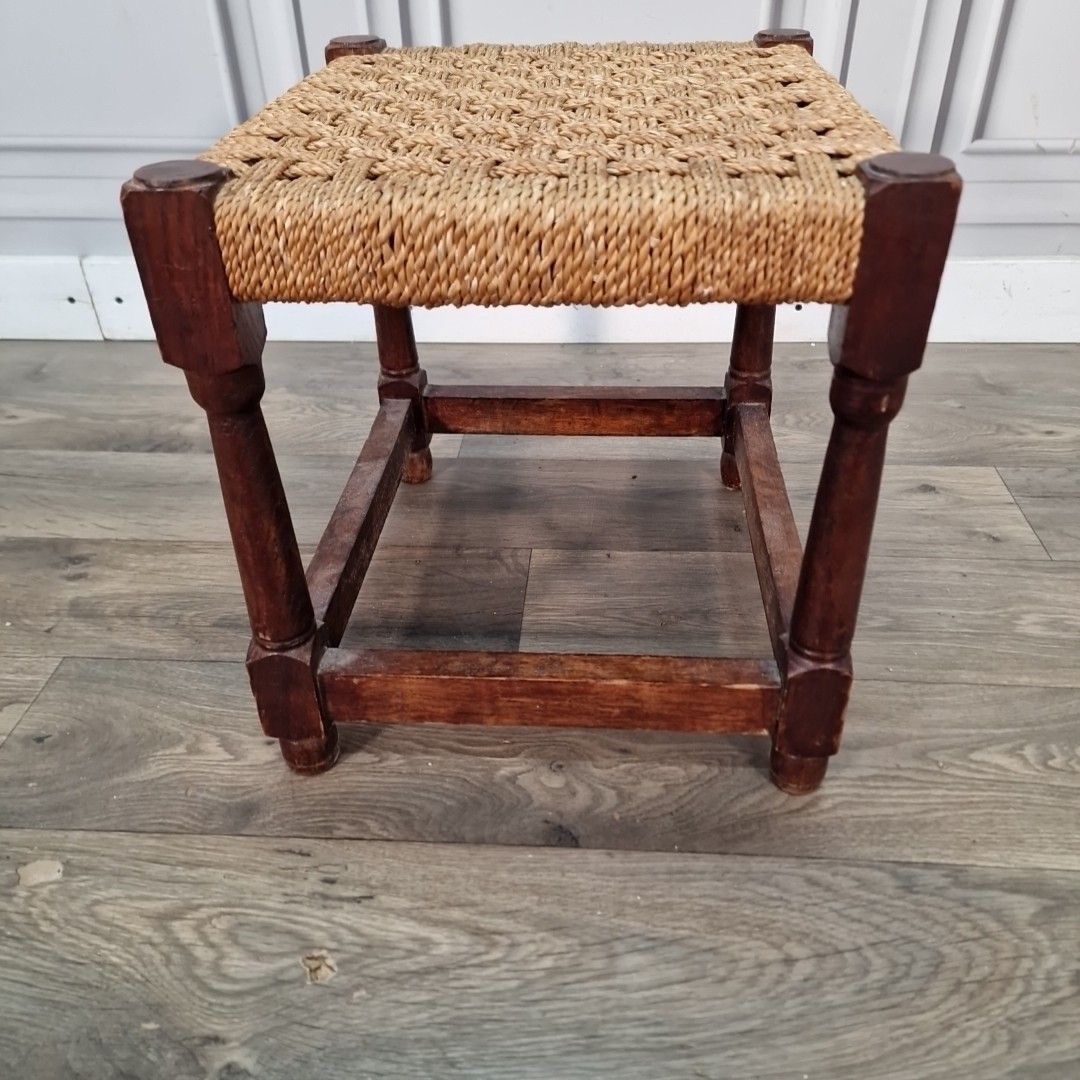 Furniture Antique Rush Foot Stool Oak Farmhouse Country Style Rope Footstool Rest photo