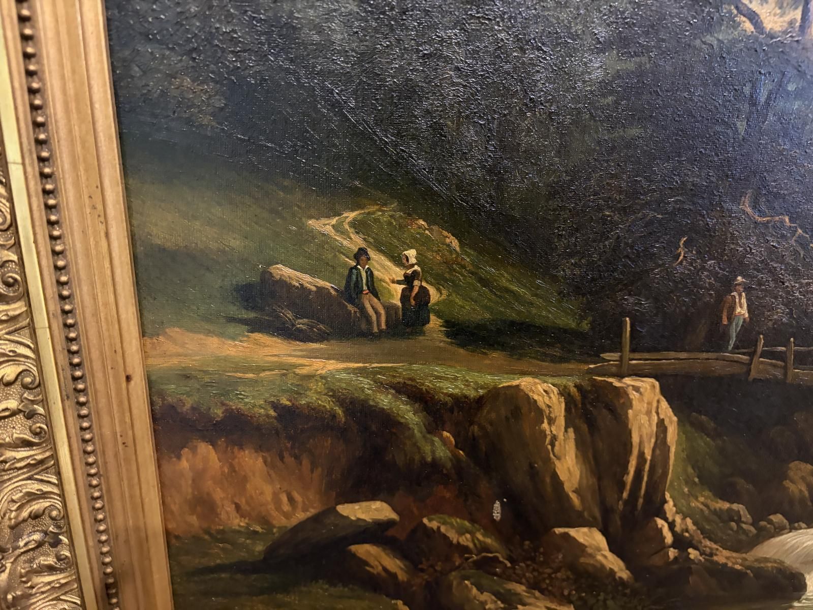 19th Century Oil On Canvas Of A Rural Scene With A Bridge photo Art