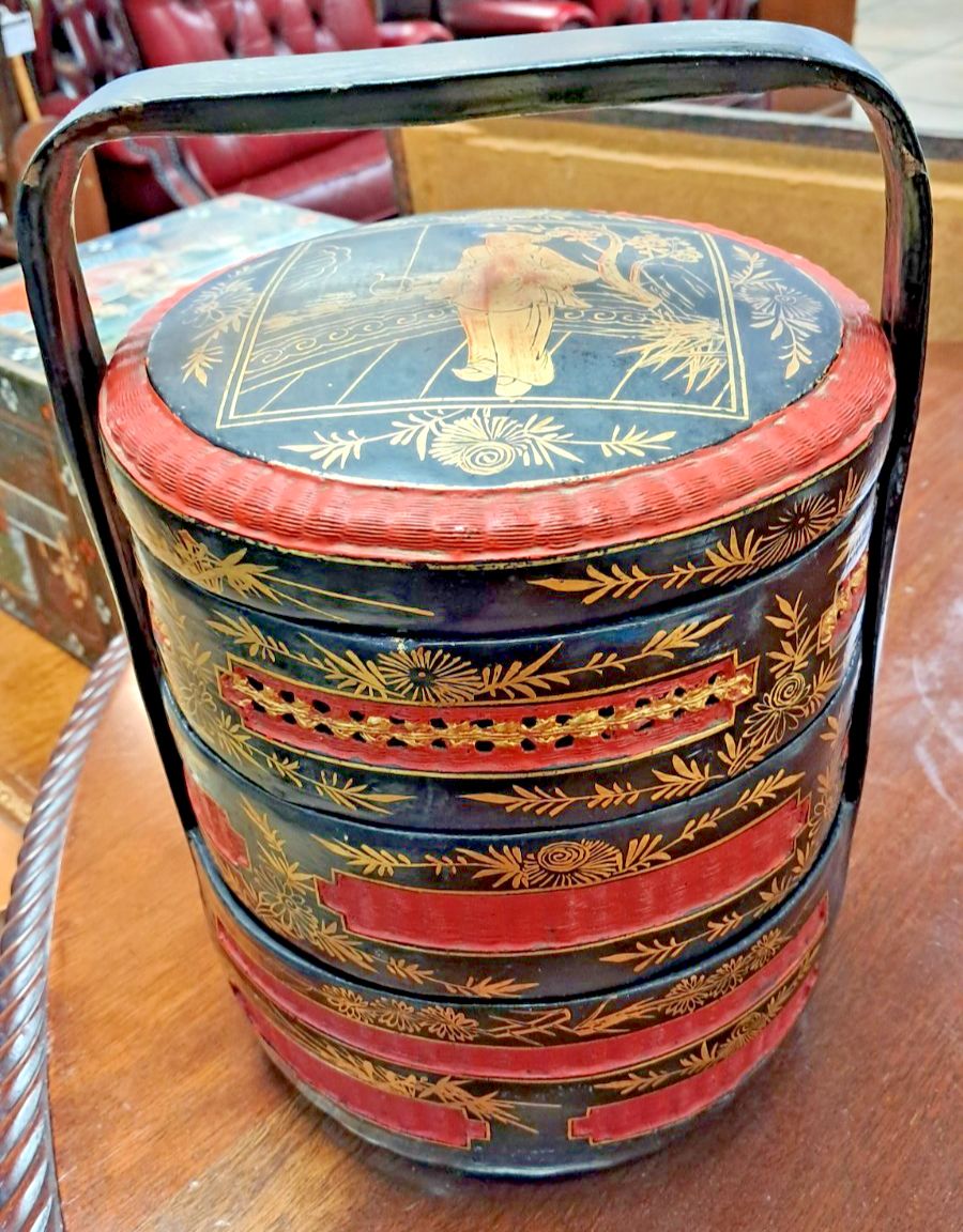 Vintage Chinese 3 Tier Wedding/Betrothal Hand Painted Red & Black Lacquer Basket