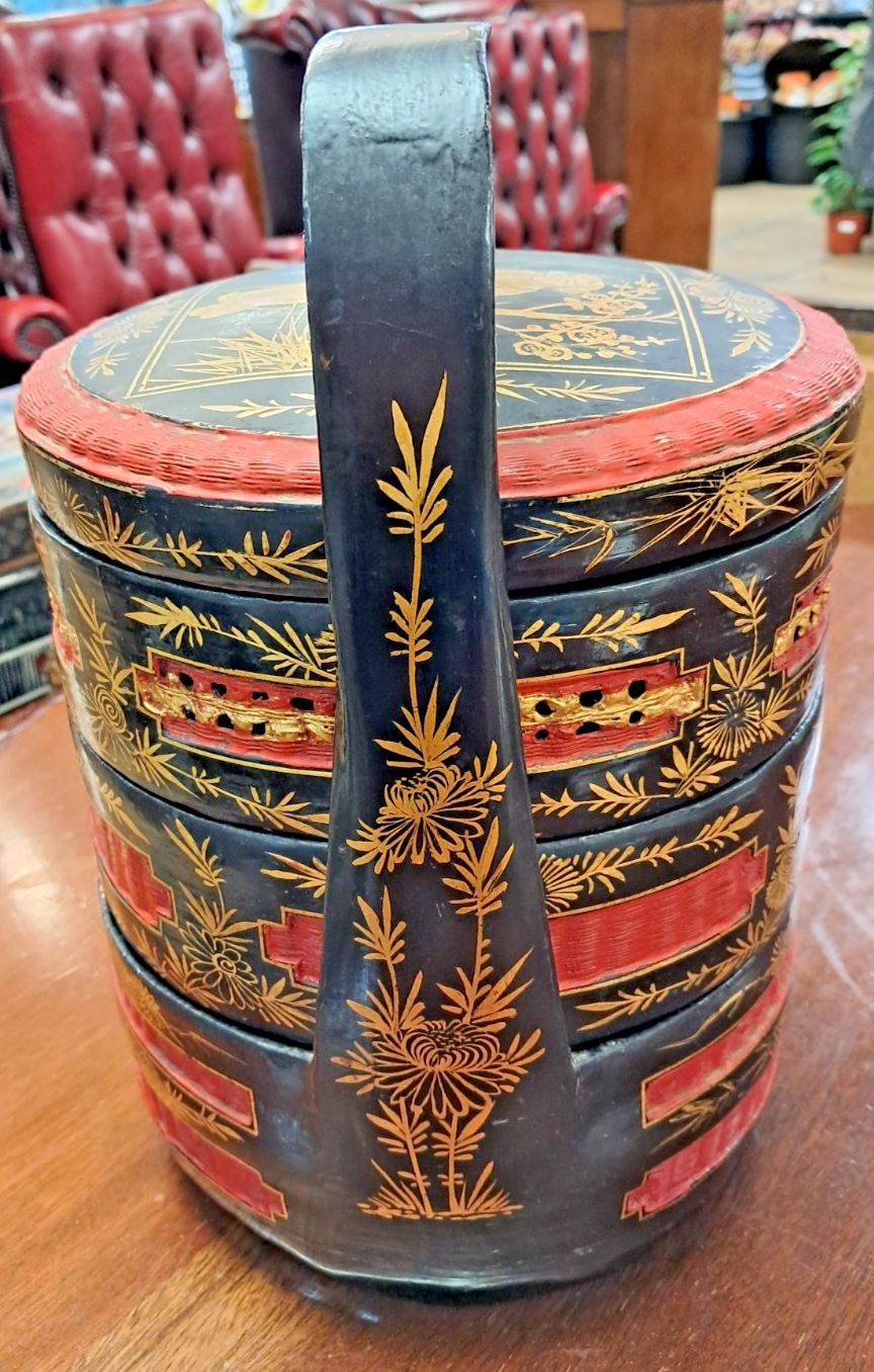 Vintage Chinese 3 Tier Wedding/Betrothal Hand Painted Red & Black Lacquer Basket photo 65.0