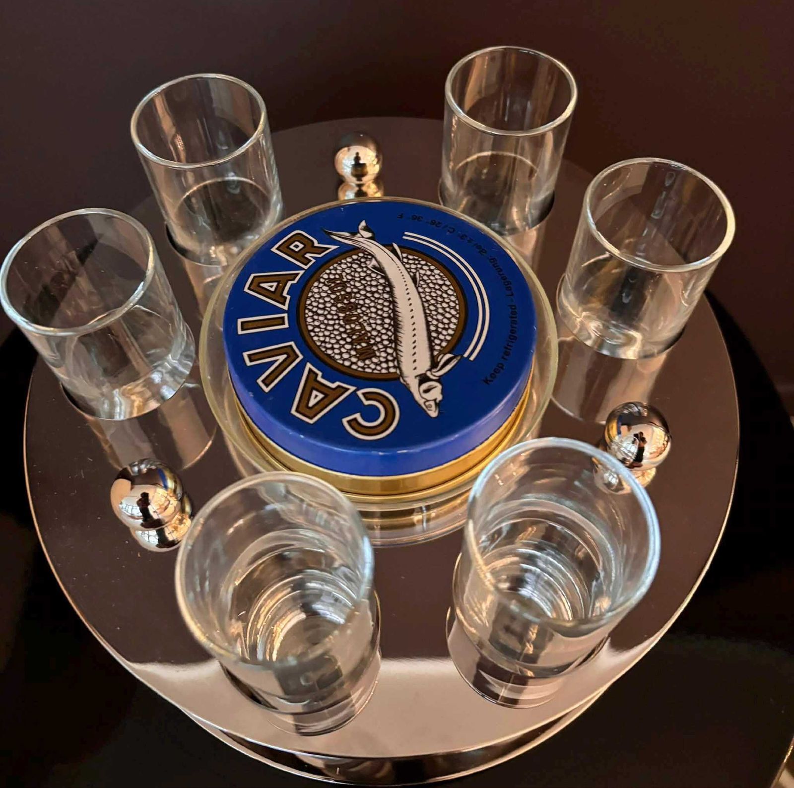 photo vinterior Caviar Server Set With 6 Shot Glasses, Stainless Steel Holder, Made In Italy