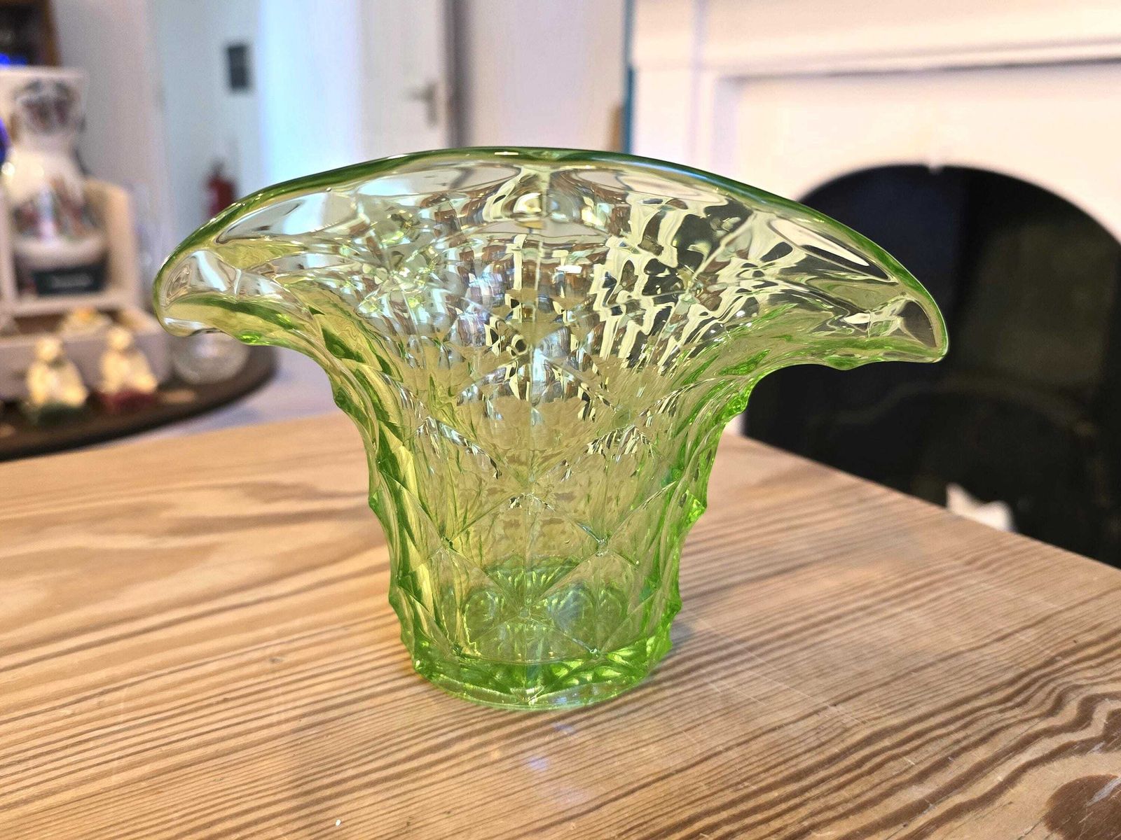 Home Decor Antique Uranium Glass Vase   "Top Hat" Flower Vase   Uv Active   1920s Czech photo