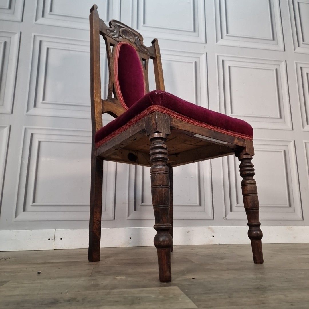 Antique Oak Dining Chair Carved Back Velvet Victorian Throne Seat Vintage photo for sale