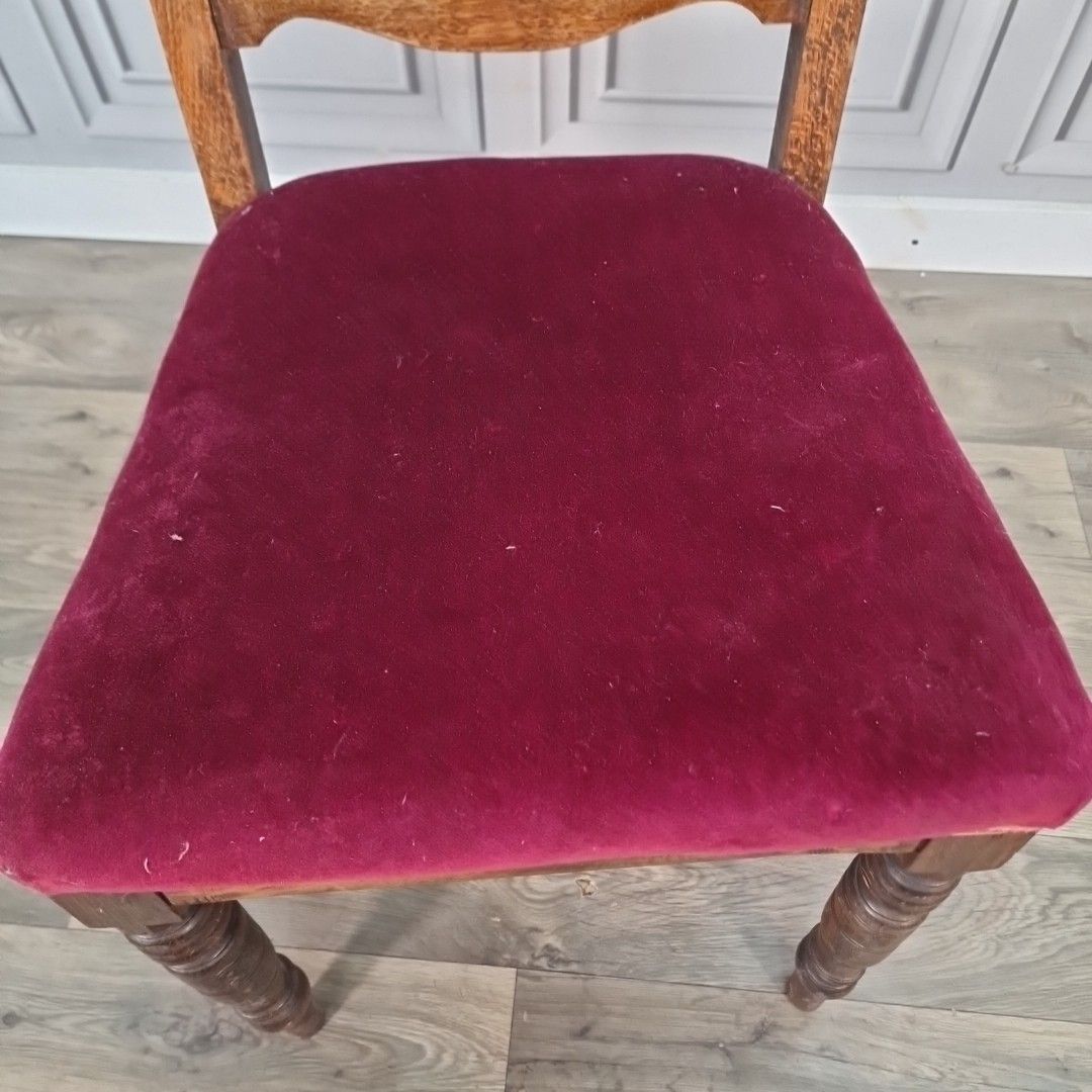 Antique Oak Dining Chair Carved Back Velvet Victorian Throne Seat Vintage photo Furniture
