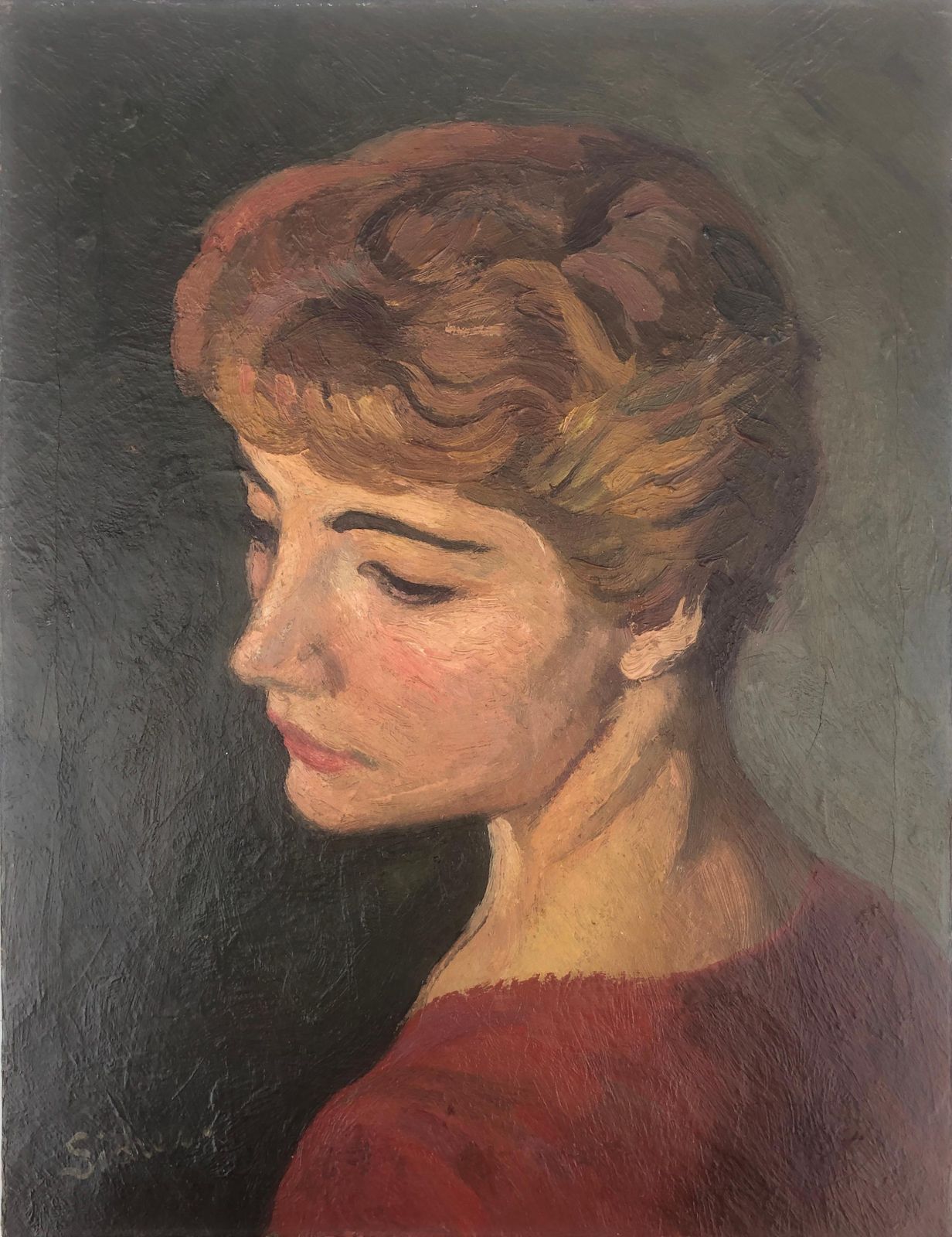 Alexandre Siches Mid Century Catalan Female Portrait In Profile Mediterranean Oil Painting Spain C.1975