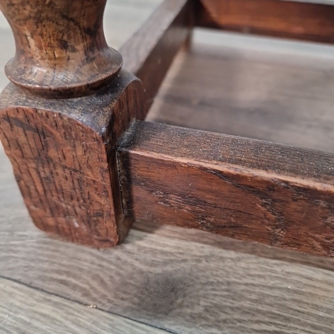 photo for sale Antique Low Oak Chair Stool Jacobean Revival Arts & Crafts Leather Fireside Seat