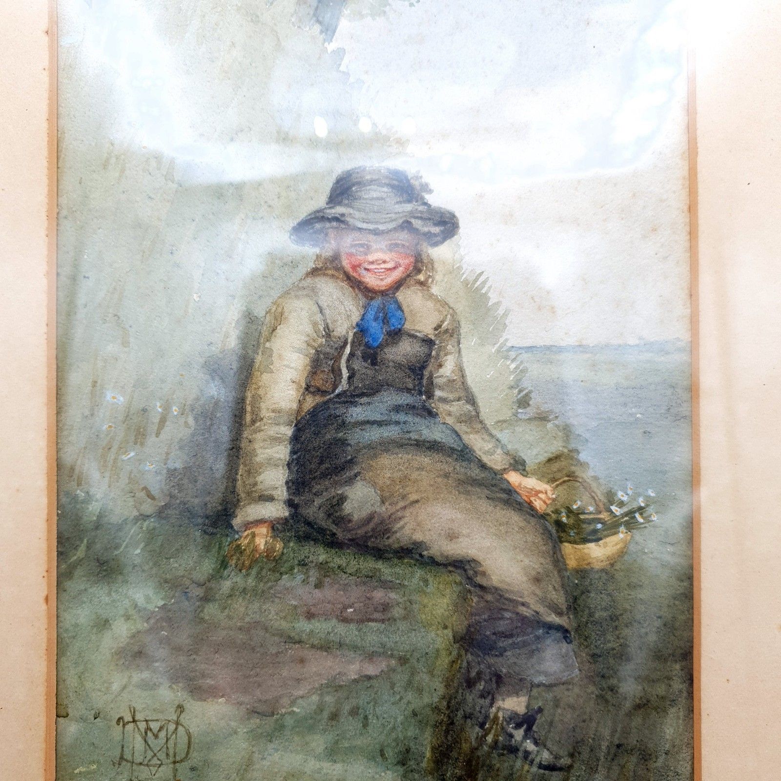 Antique Signed Watercolour Flower Girl C1890 1910 Wood Framed W30cmxh41cm photo Art