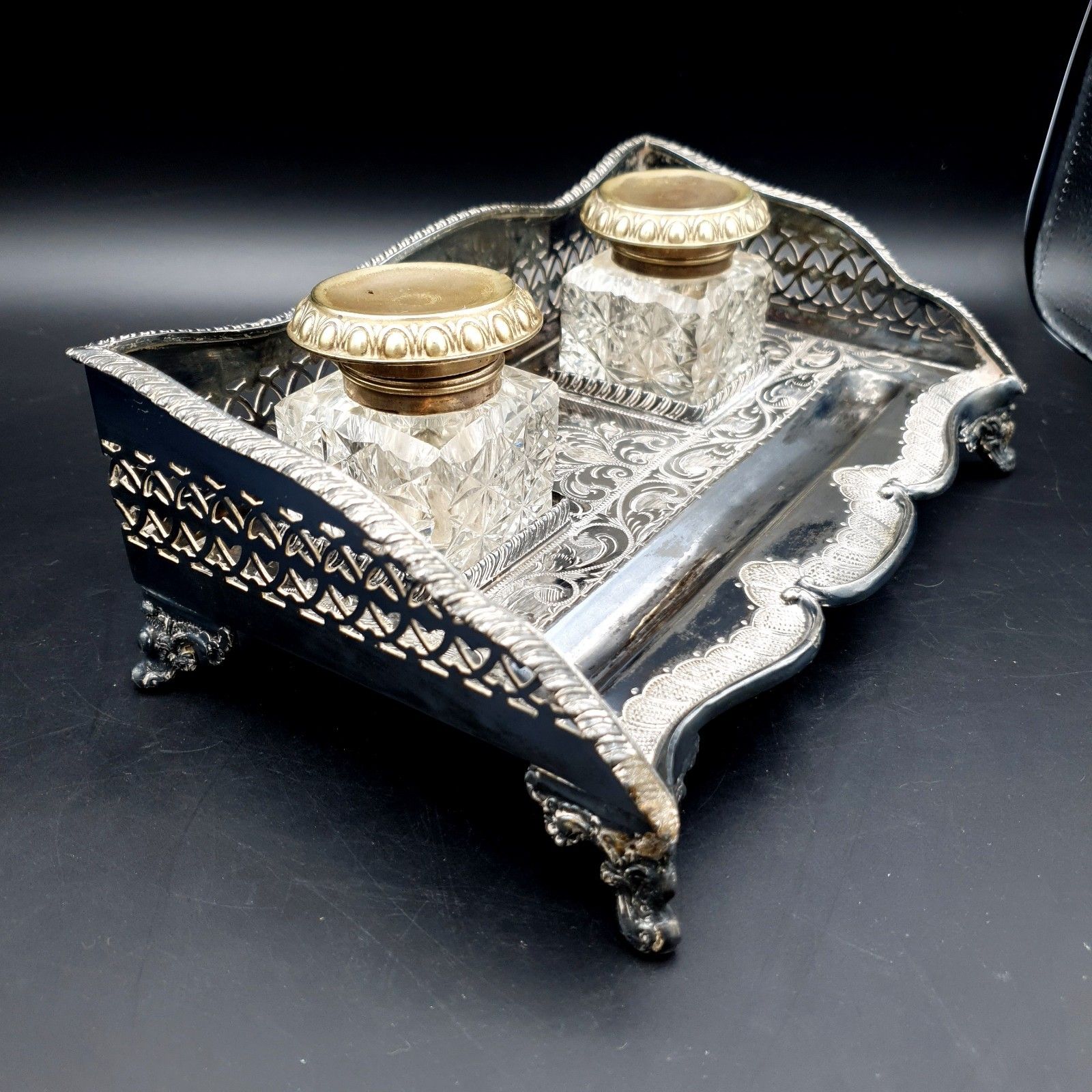 Antique B.H.A Edwardian Inkwell Silver Plate? Barnett Henry Abrahams Inkwell L23 photo vinterior