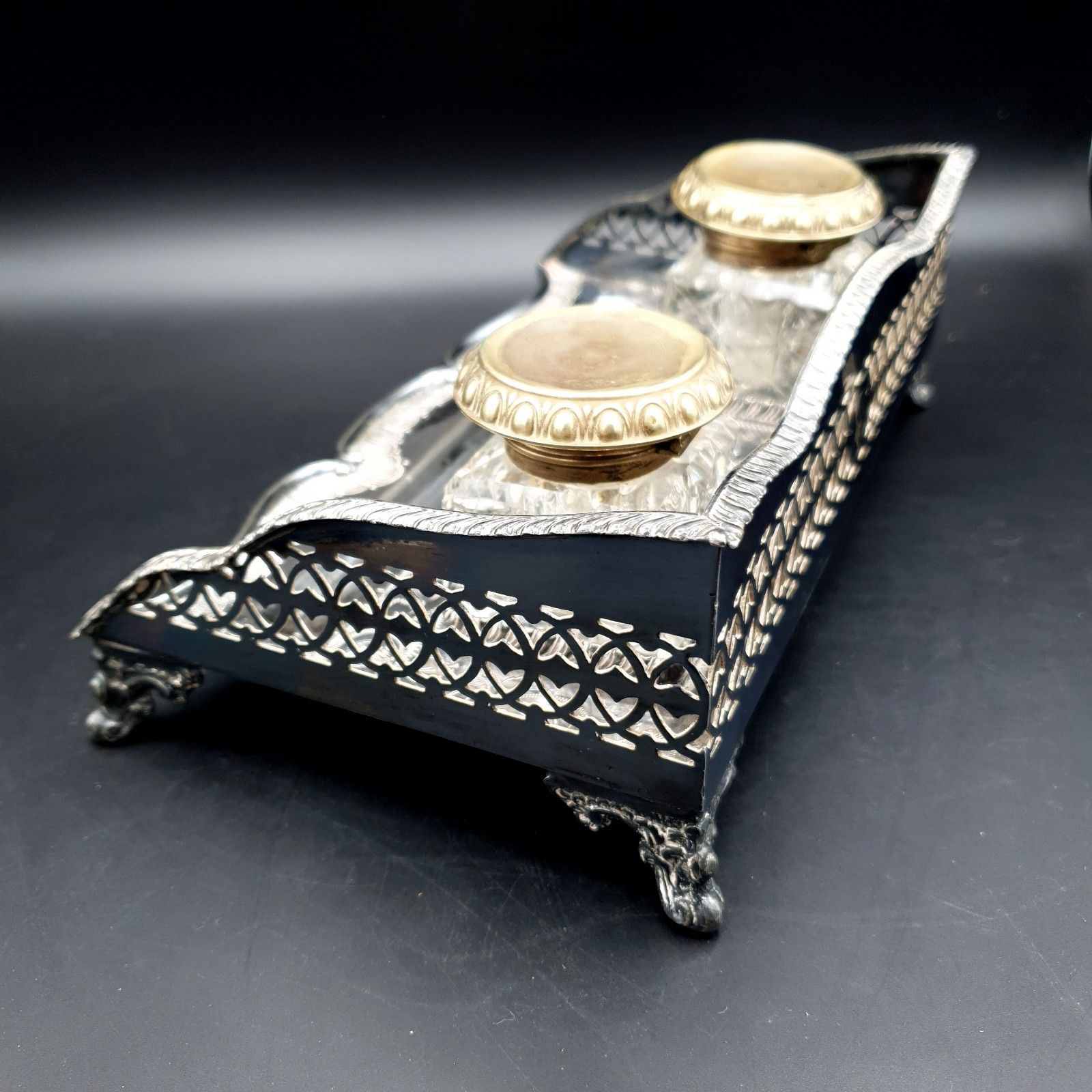 photo furniture Antique B.H.A Edwardian Inkwell Silver Plate? Barnett Henry Abrahams Inkwell L23