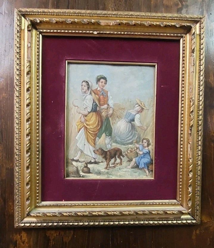 Antique 19th Century Oil Table Signed Wood Painting Folk Scene photo for sale