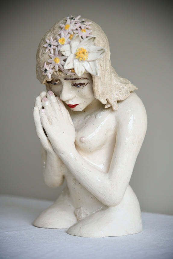 Studio Pottery Seated Female Figure With Floral Headdress photo Home Decor