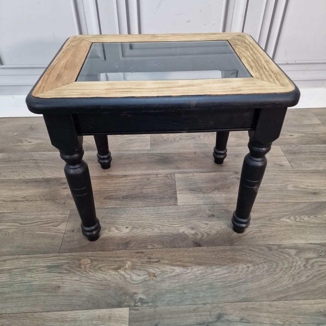 Vintage Oak Side Table Glass Top Black Painted Base Coffee Lamp Wooden photo Furniture