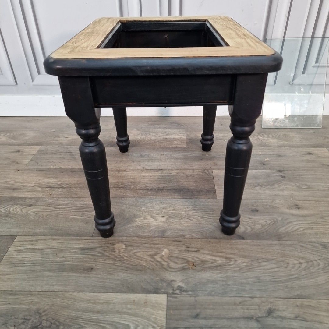 photo buy Vintage Oak Side Table Glass Top Black Painted Base Coffee Lamp Wooden