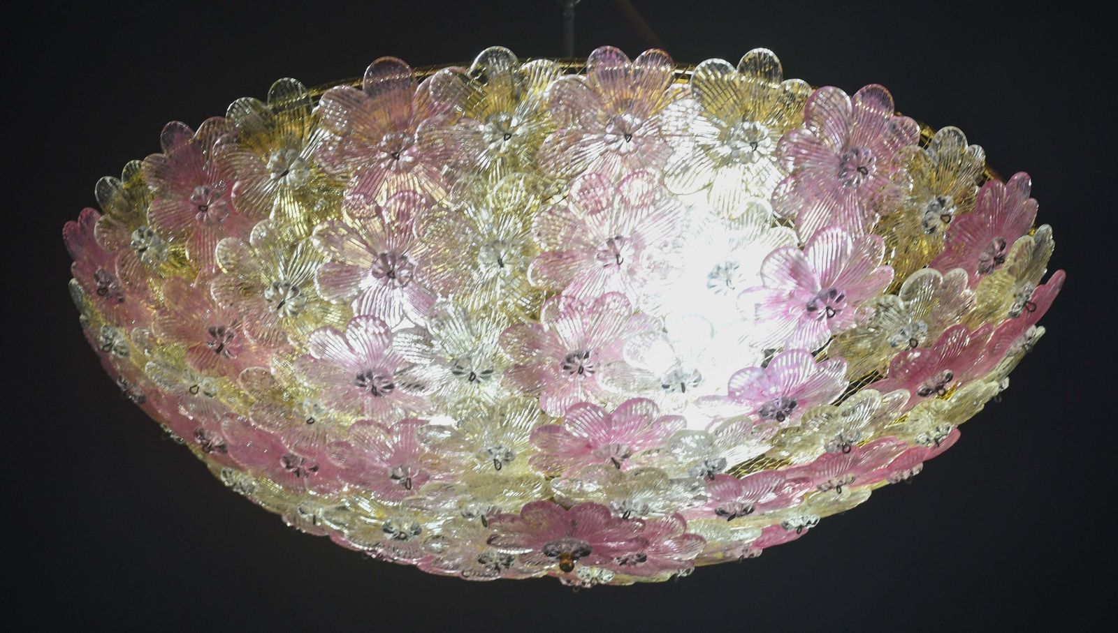 Amazing Pink And Gold Large Size Murano Ceiling Light Flower By Seguso photo for sale