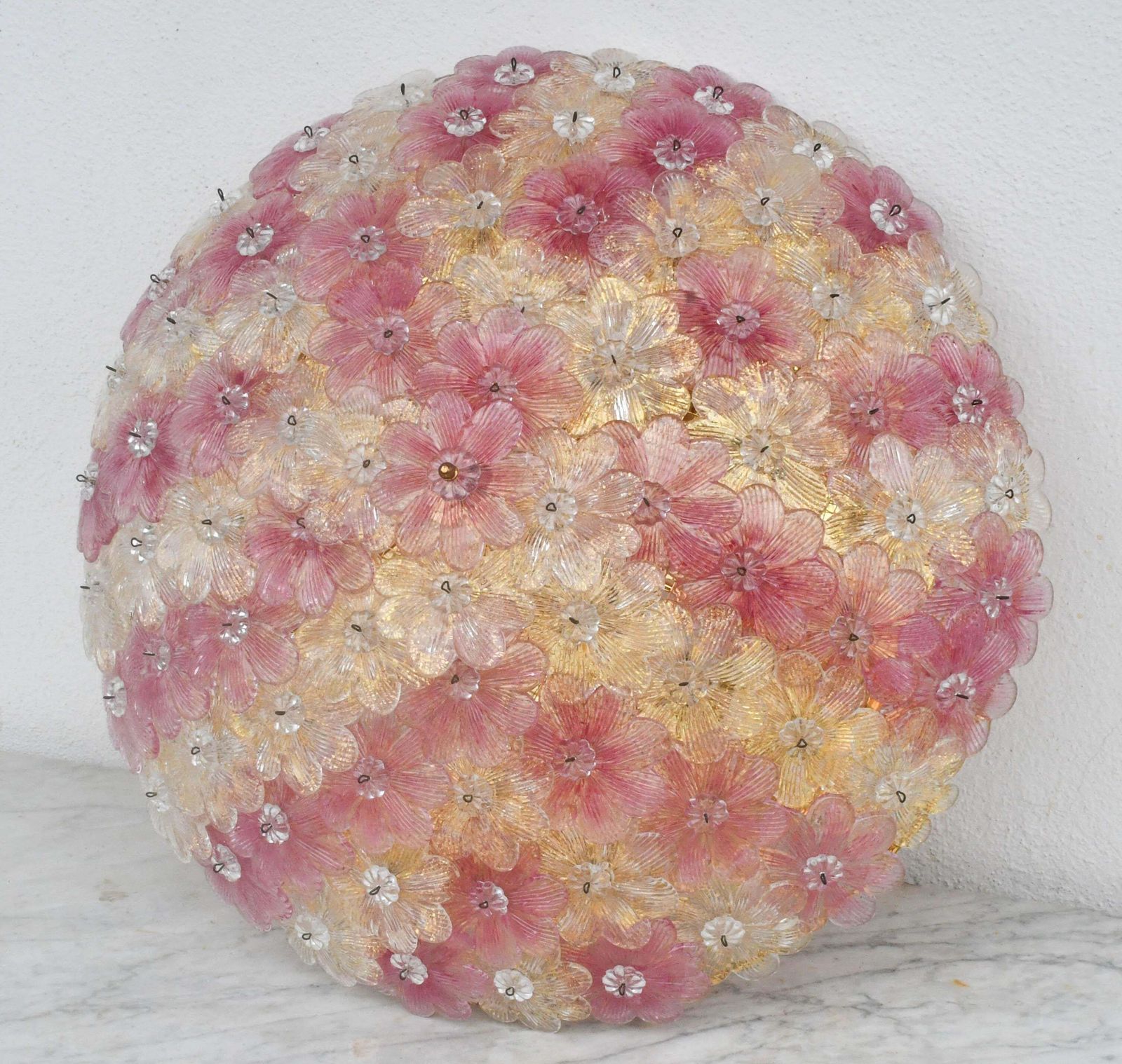 Amazing Pink And Gold Large Size Murano Ceiling Light Flower By Seguso photo vintage