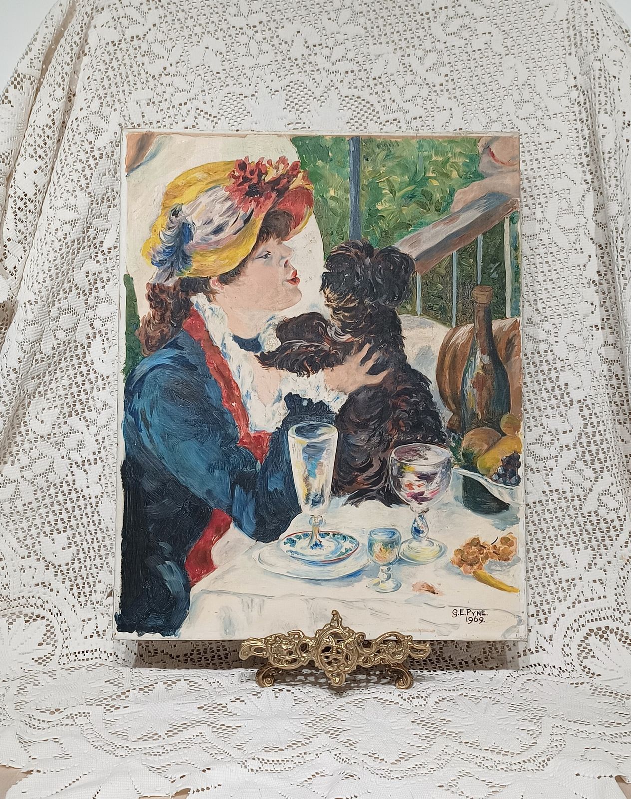 Oil Painting Girl With Dog At Luncheon Boat Party After Renoir.
