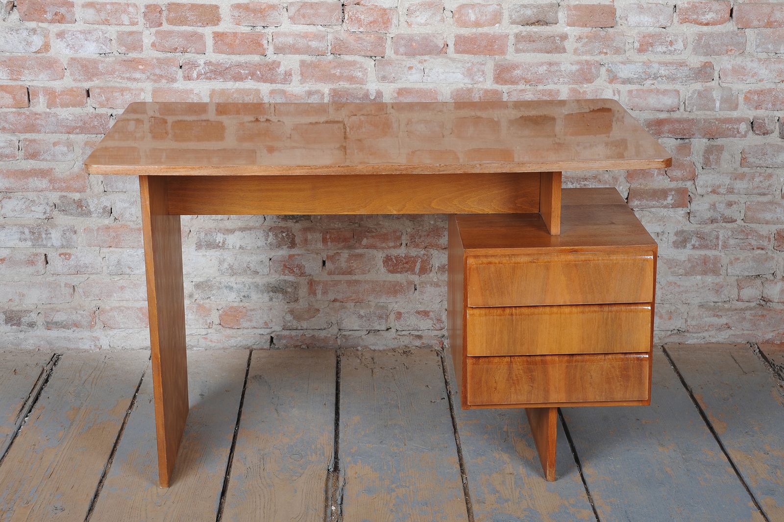 Restored Mid Century Writing Desk, By B. Landsman, Walnut, Oak, Czech, 1950s photo furniture