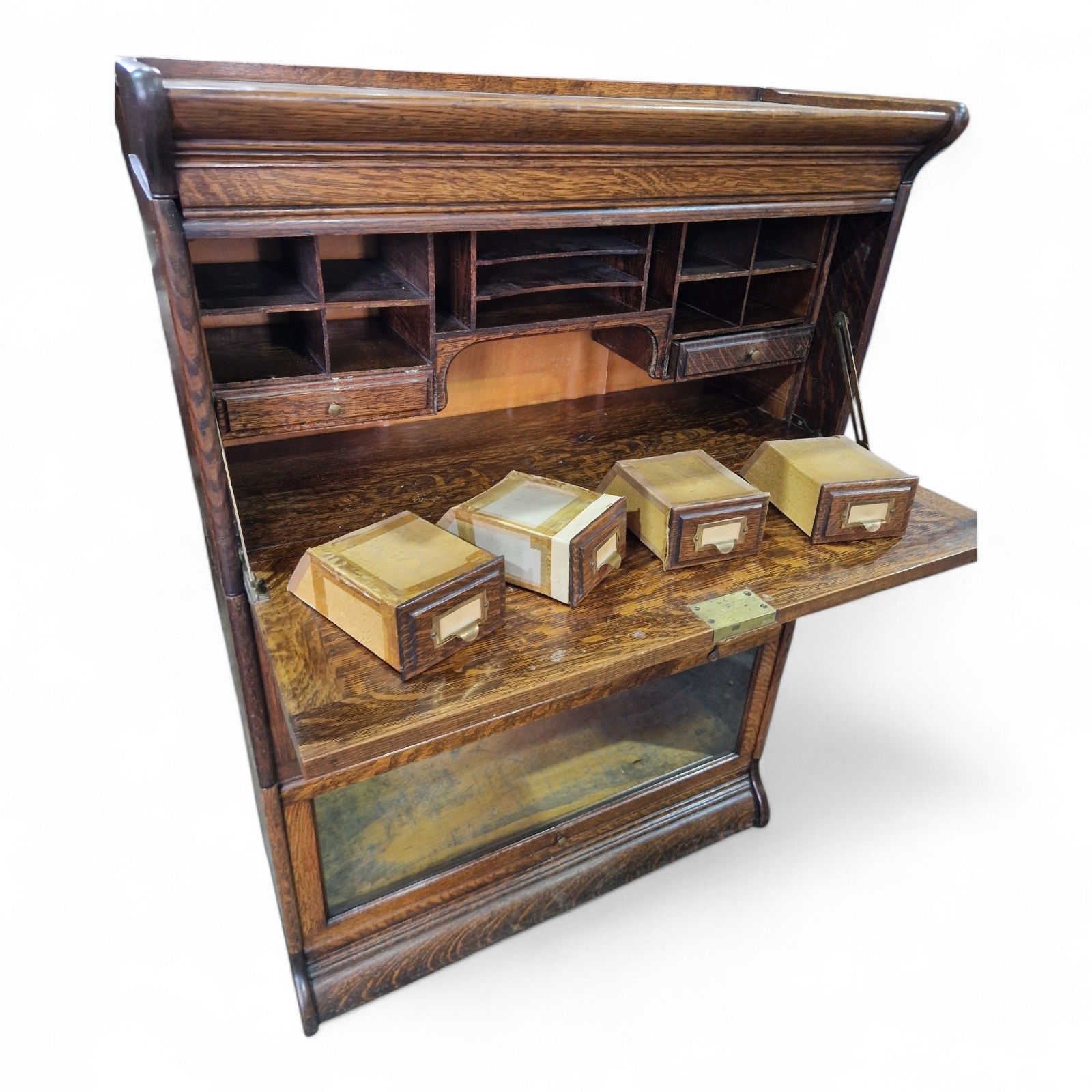 photo for sale Stacking Bookcase Bureau Oak Glazed Sectional Cabinet Desk Antique Carved