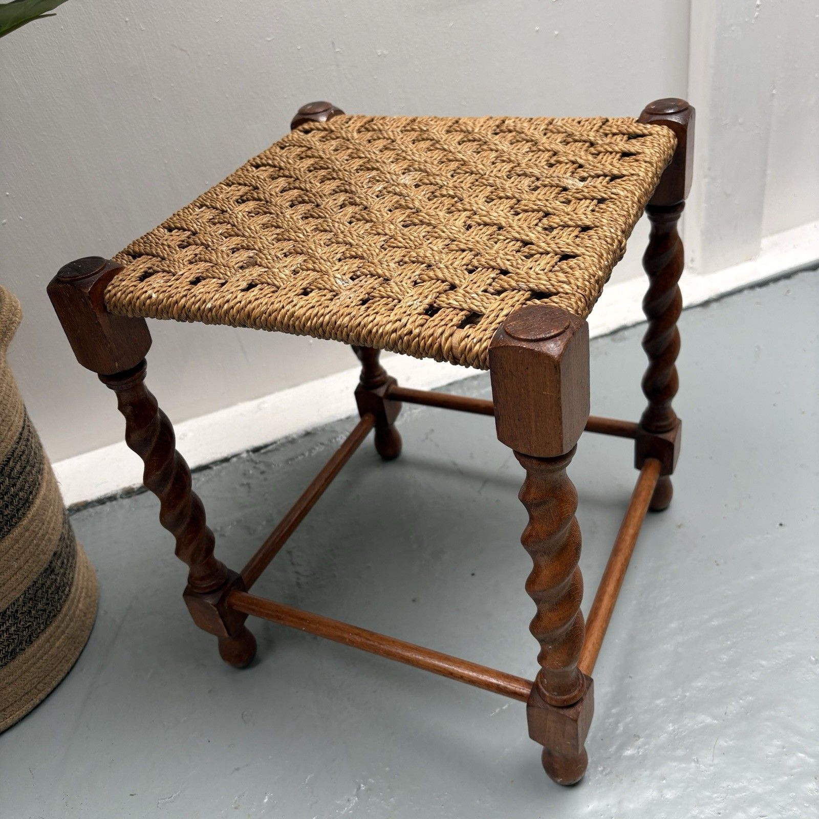 Vintage French Woven Jupe Rope Sea Grass Square Foot Stool Table Barley Twist photo 55.0