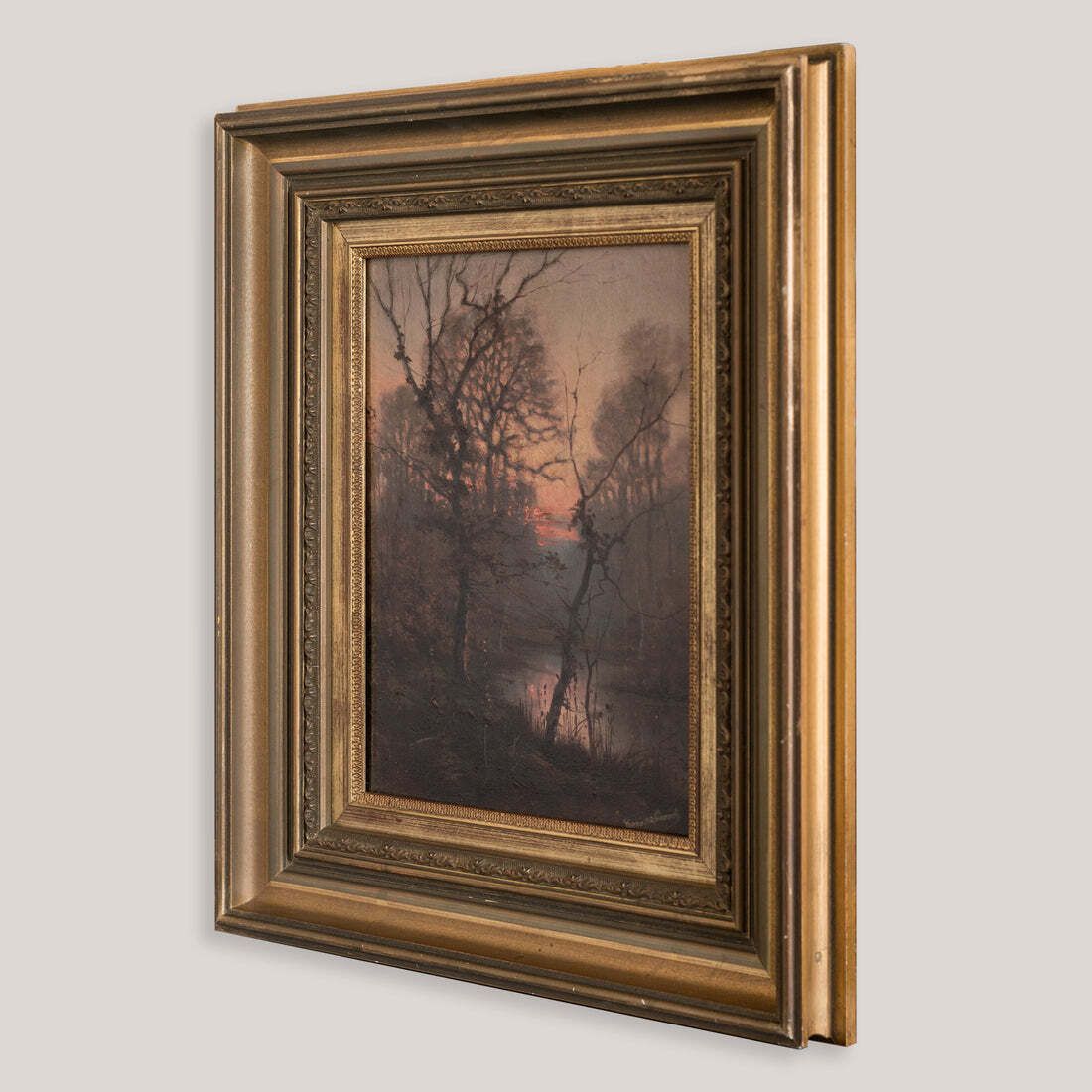 Bebost Rivierlandschap Bij Zonsondergang – Gesigneerd photo for sale