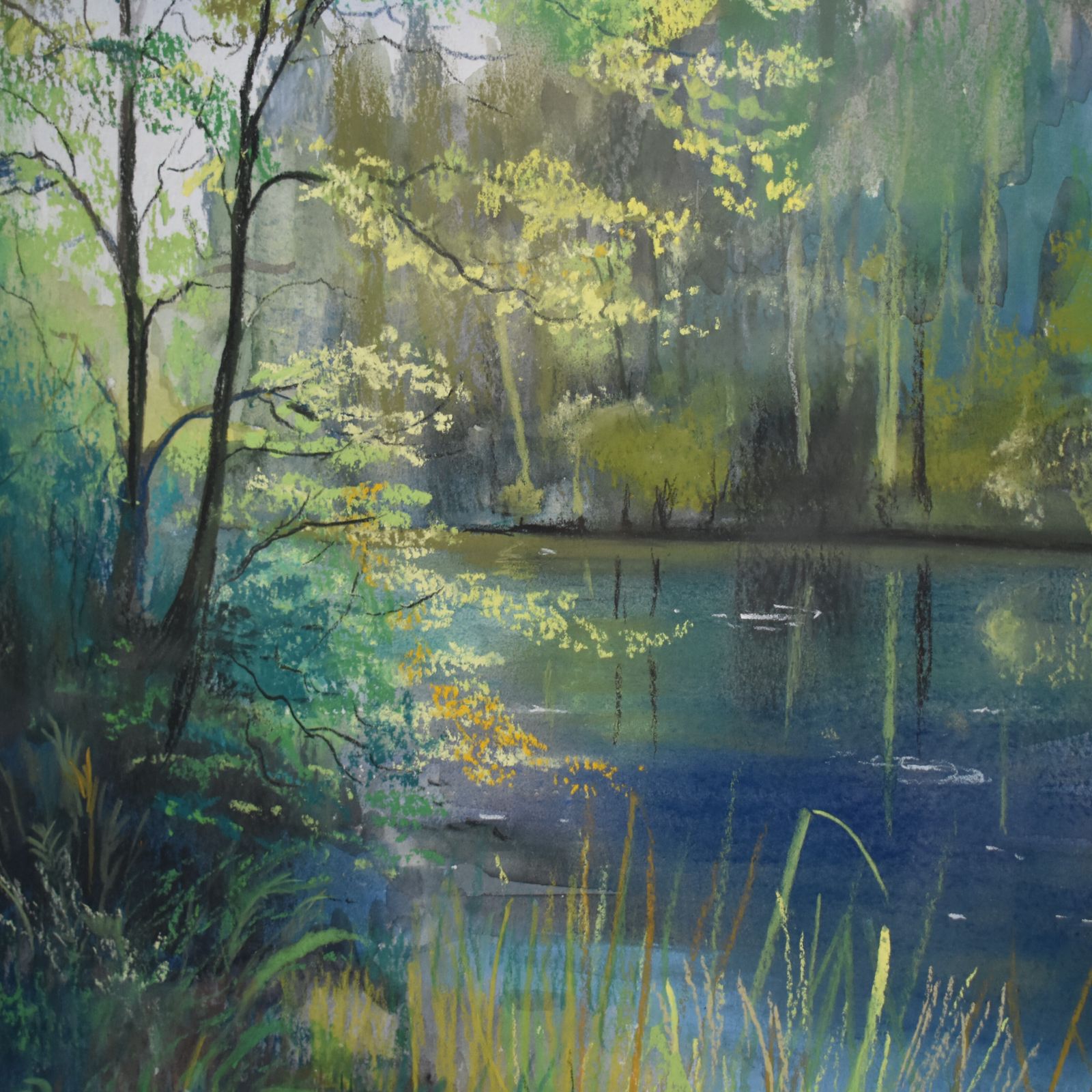 Vintage Jan Bates Blue Lake & Green Forest Trees Gouache Pastel Framed Picture photo for sale