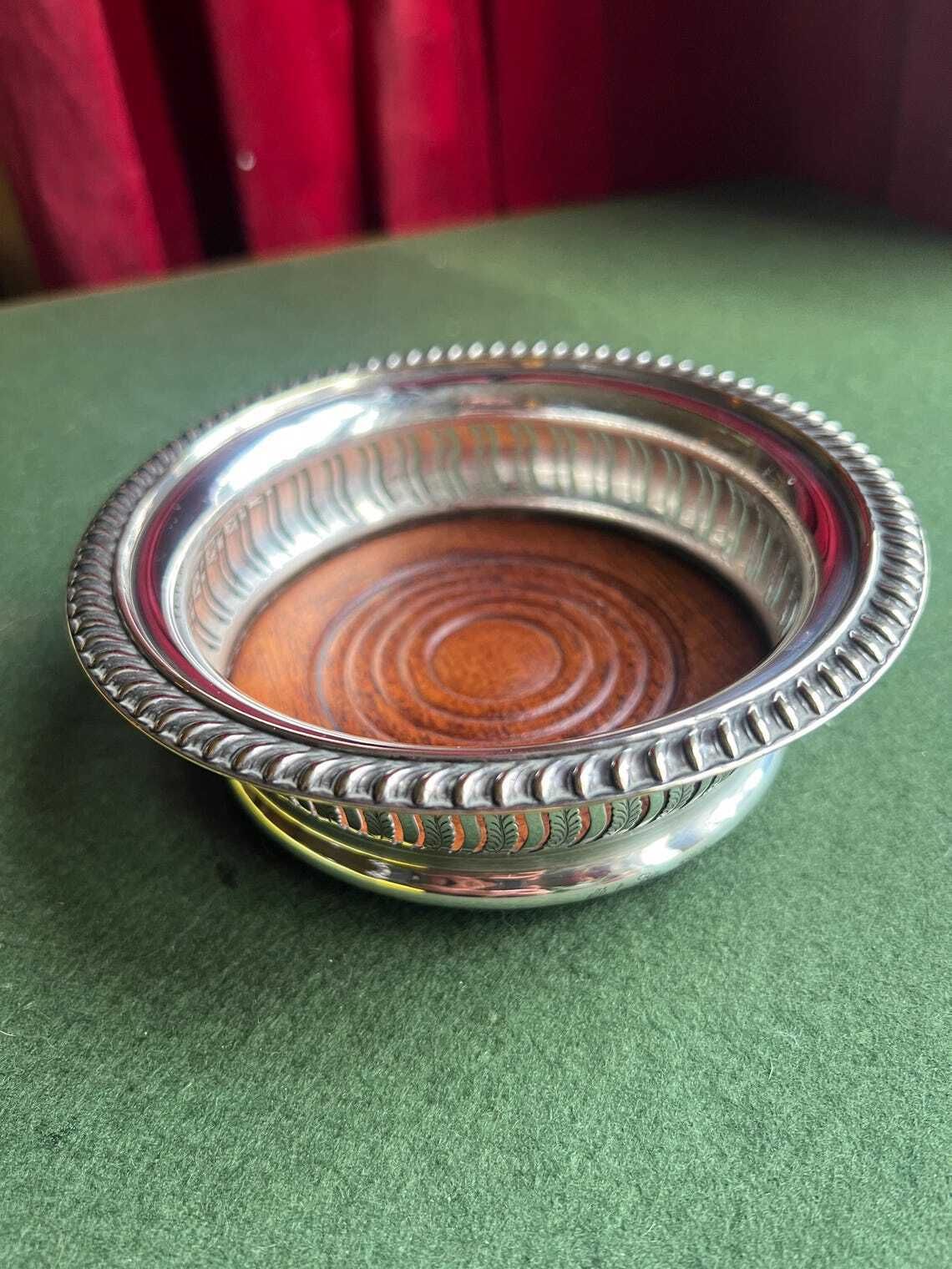 Antique Vintage Wine Coaster Silver Plate And Mahogany Wood Barker Ellis Style Bottle Coaster