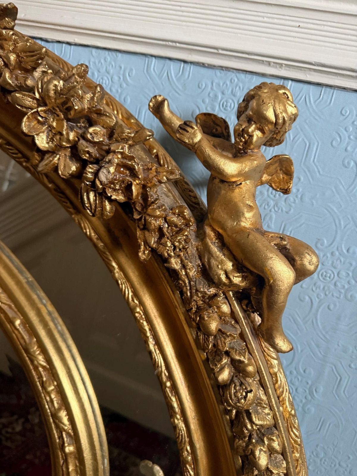 Large French Oval Mirror, Carved Cherubs And Floral Motifs, 120cm X 120cm photo Home Decor