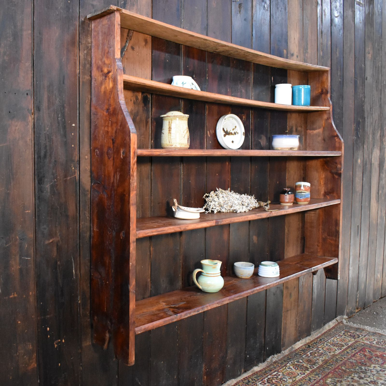 Antique Rustic Farmhouse Elm & Pine Pegged Plate Rack Large Dresser Wall Shelves photo Furniture