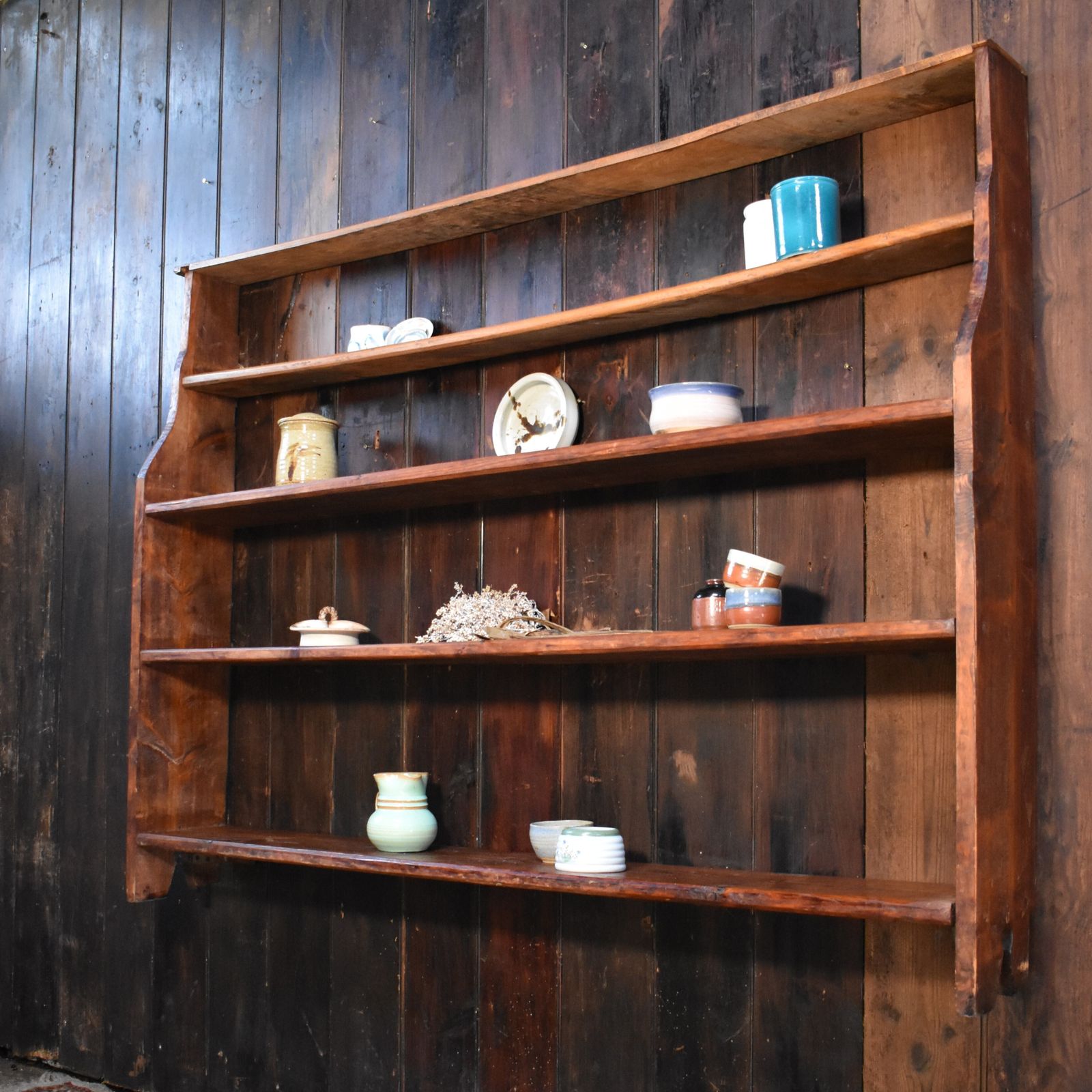 Antique Rustic Farmhouse Elm & Pine Pegged Plate Rack Large Dresser Wall Shelves photo vintage