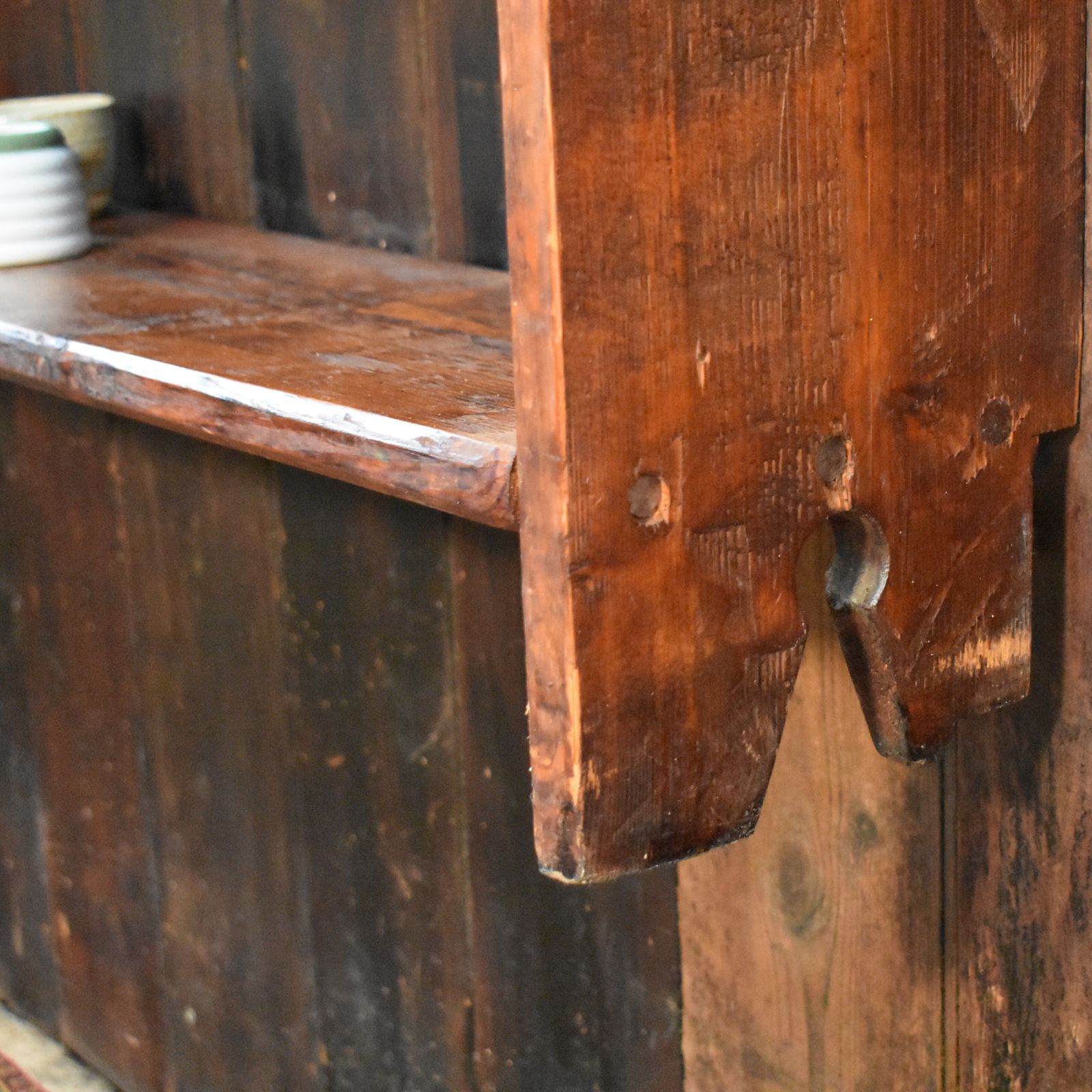 395.0 Antique Rustic Farmhouse Elm & Pine Pegged Plate Rack Large Dresser Wall Shelves photo