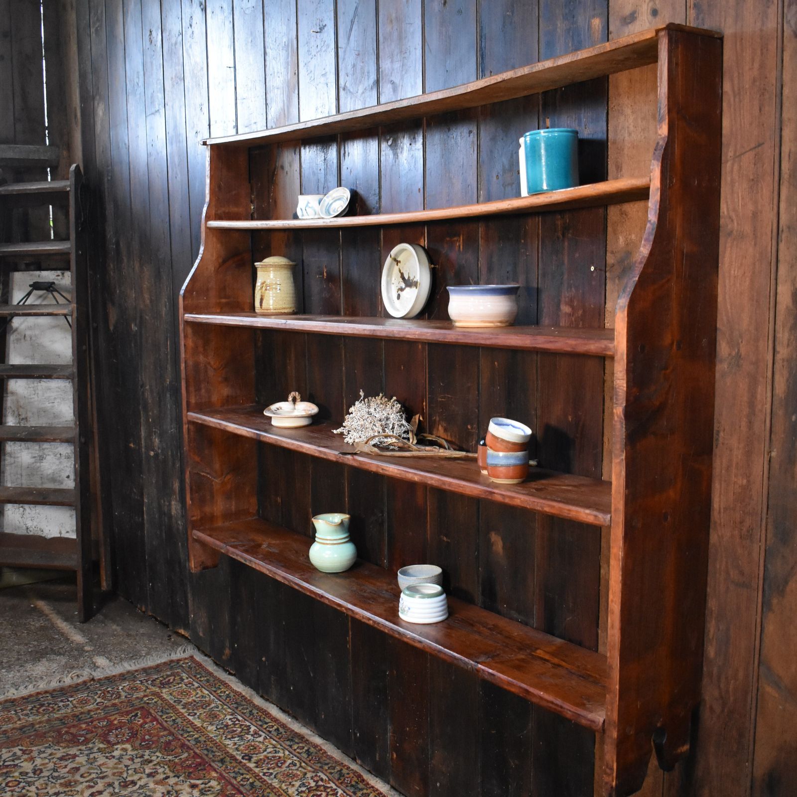 photo vinterior Antique Rustic Farmhouse Elm & Pine Pegged Plate Rack Large Dresser Wall Shelves