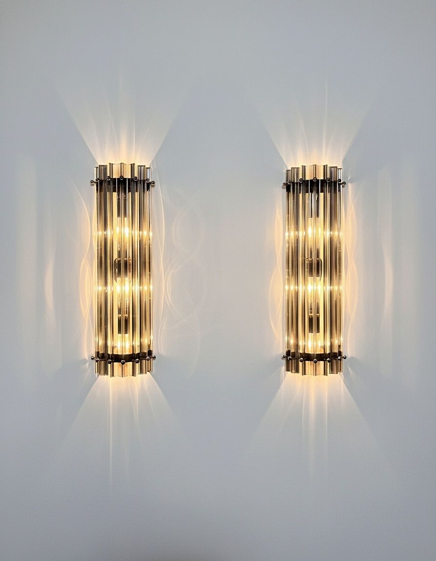 Pair Of Vintage Murano Wall Sconce – Smoked Triedri   Column Model photo vintage