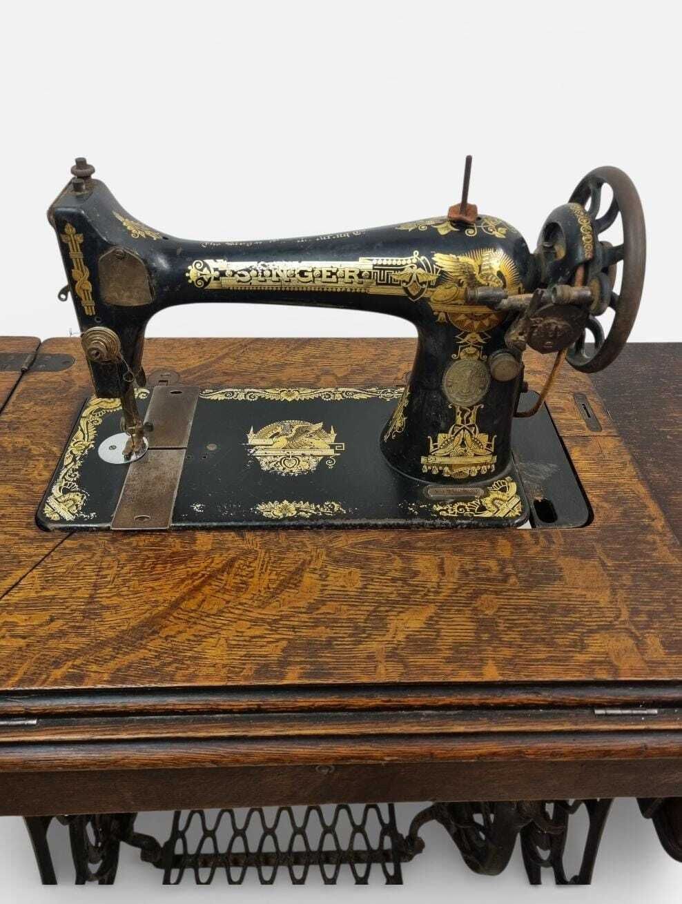 photo furniture Antique Singer Treadle Sewing Machine / Original Cabinet / C1915