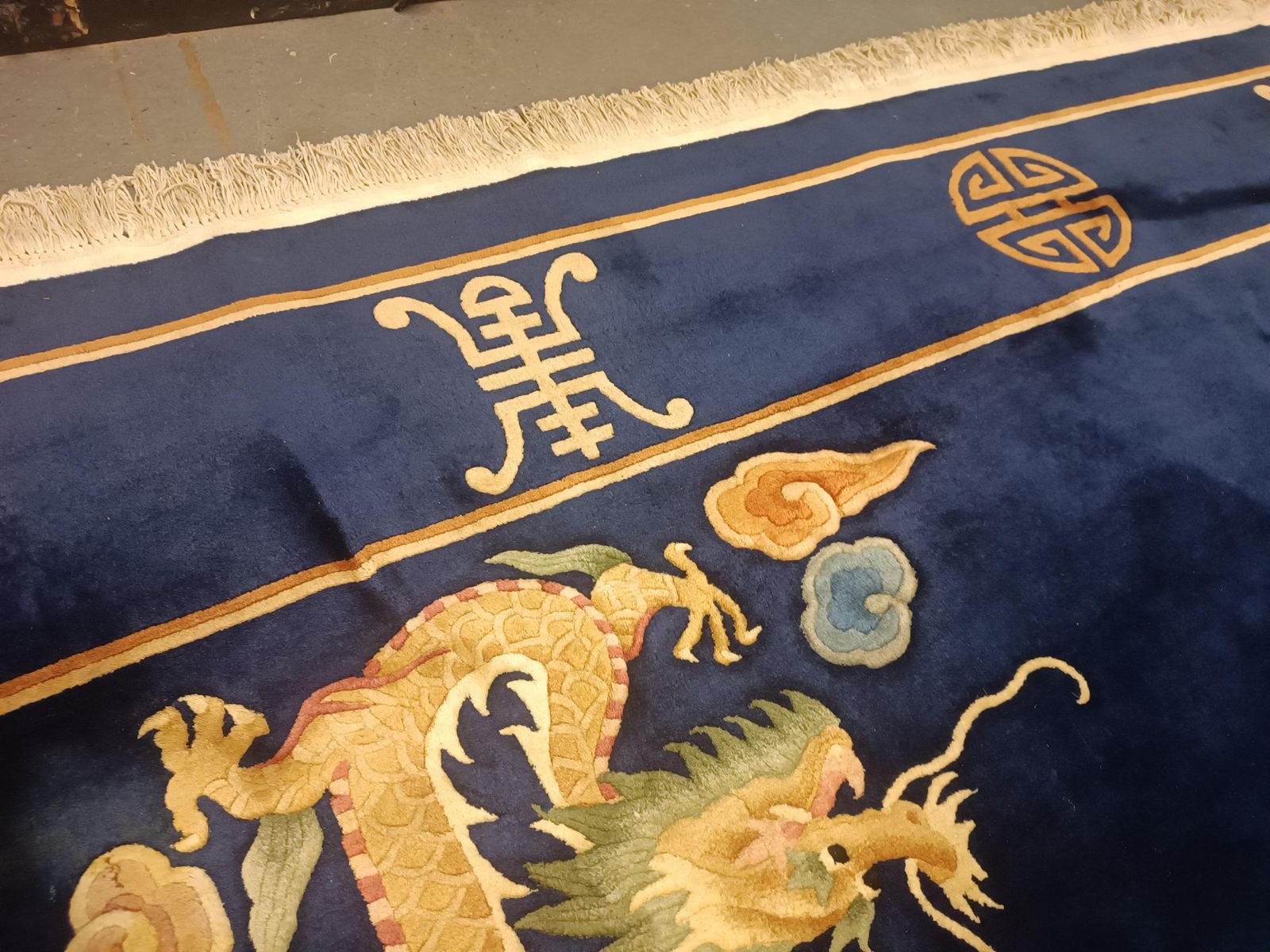 Square Vintage Rug, Chinese Art Deco Rug Oriental Handmade Navy Blue Carpet photo 8473.0