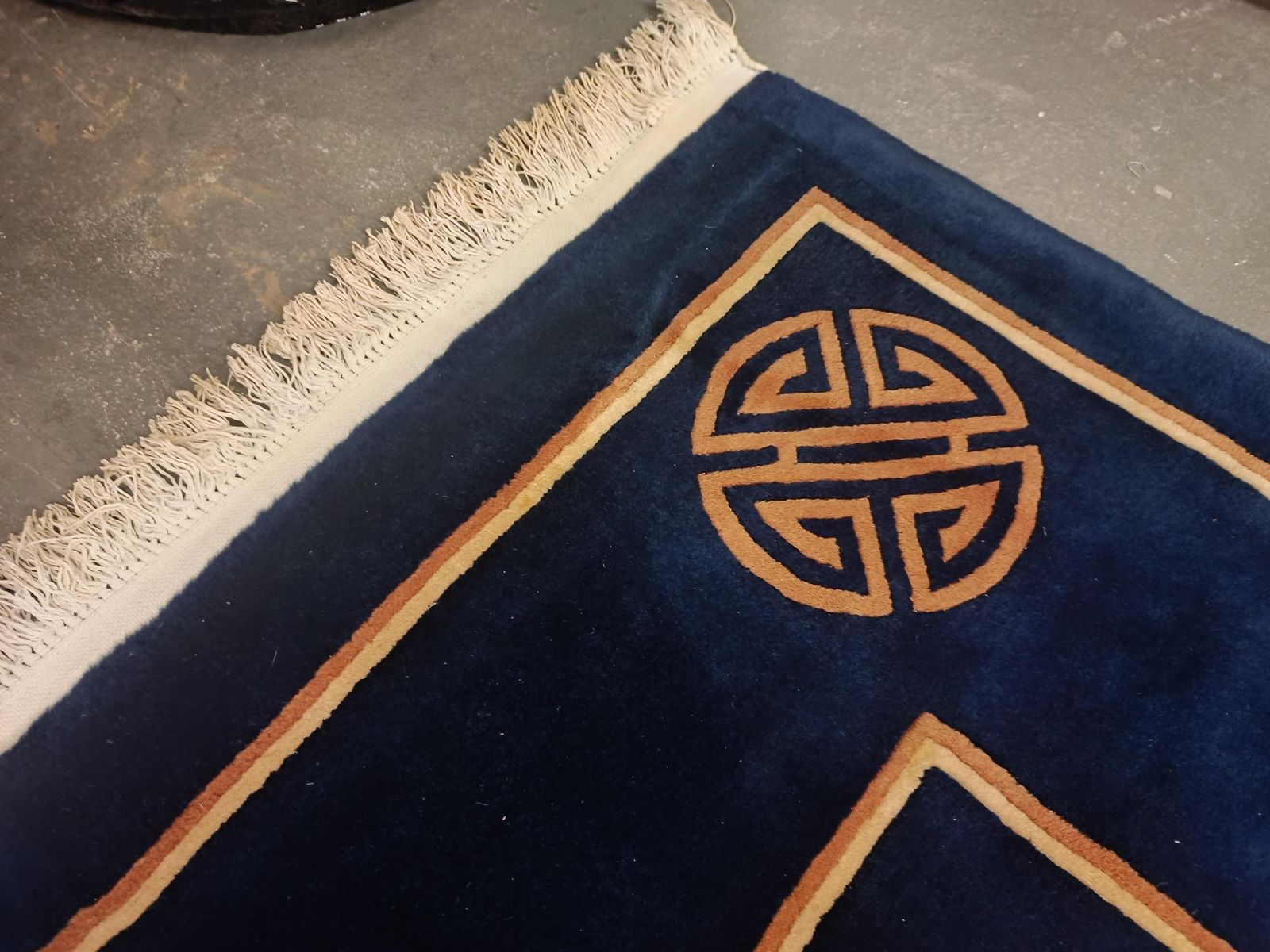 Square Vintage Rug, Chinese Art Deco Rug Oriental Handmade Navy Blue Carpet photo vintage