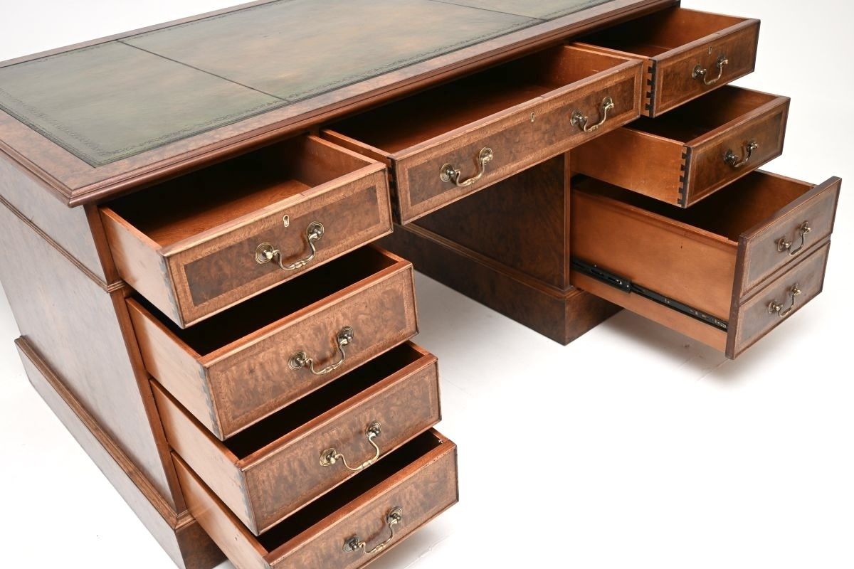 Antique Burr Walnut Leather Top Pedestal Desk photo vinterior