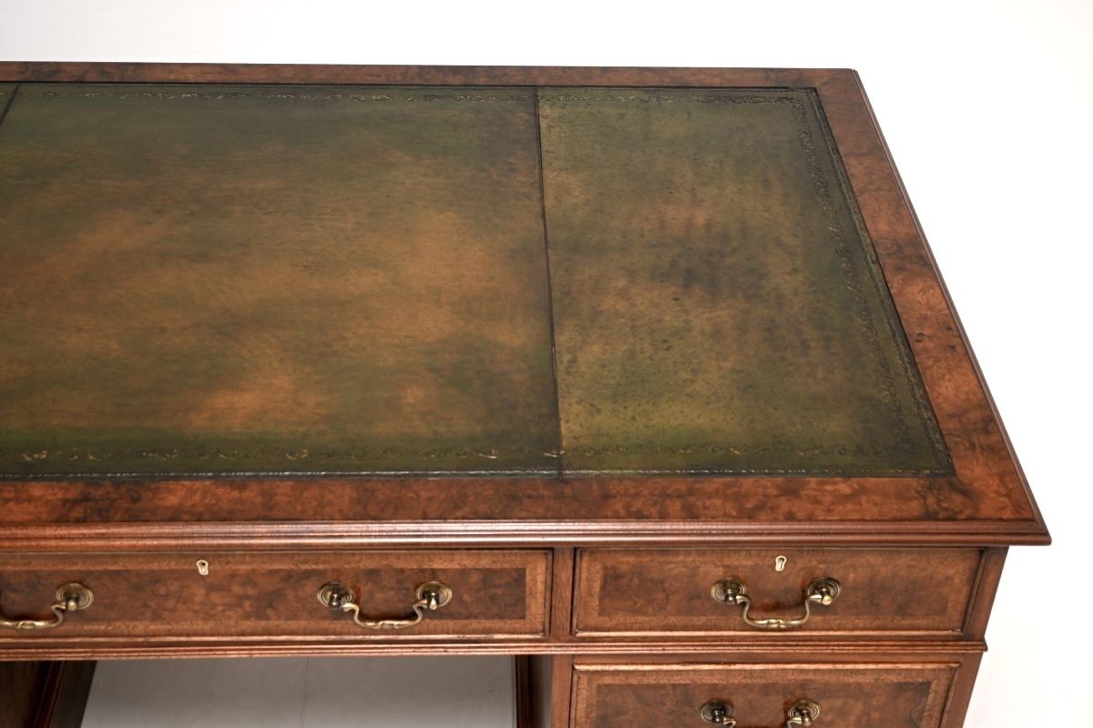 Antique Burr Walnut Leather Top Pedestal Desk photo vintage
