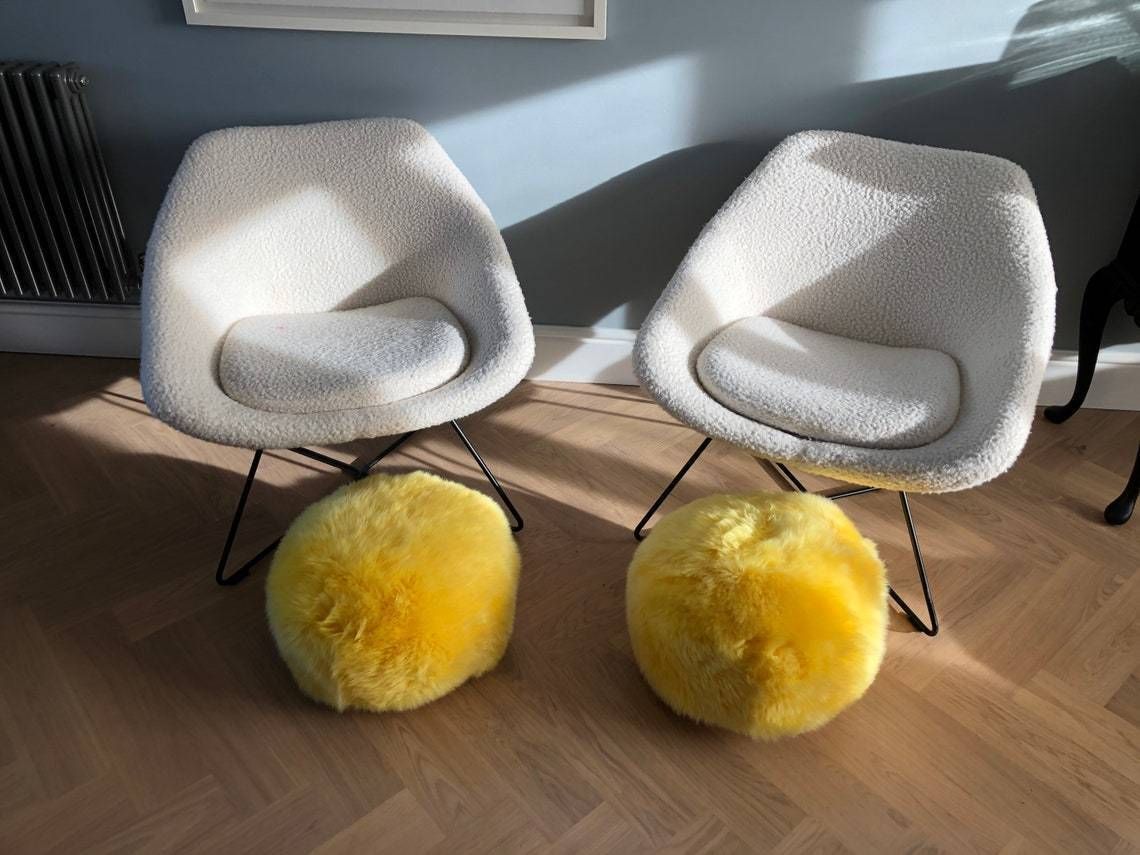 Sunshine Yellow Sheepskin Pouffe  Sheepskin Pouffe Yellow Furry Pouffe Footstool Pouffe Bright Yellow Pouffe photo for sale