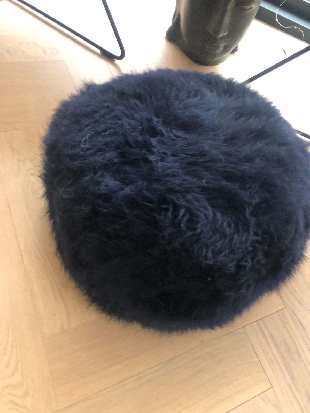 Dark Navy Blue Sheepskin Footstool, Sheepskin Pouffe , Fluffy Pouffe, Sheepskin, Footstool, Pouffe, Navy Sheepskin, photo 89.0