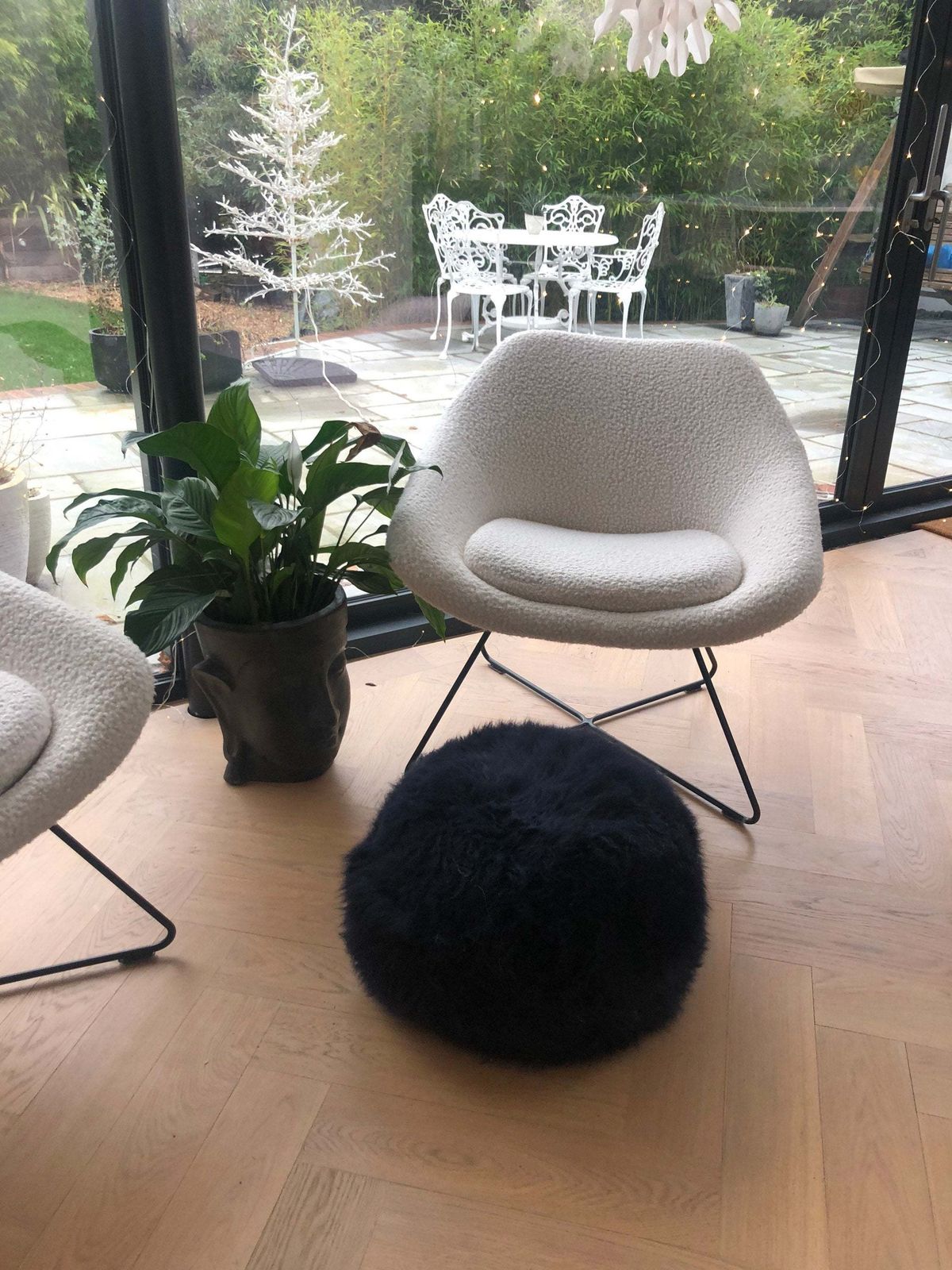 Dark Navy Blue Sheepskin Footstool, Sheepskin Pouffe , Fluffy Pouffe, Sheepskin, Footstool, Pouffe, Navy Sheepskin, photo vintage