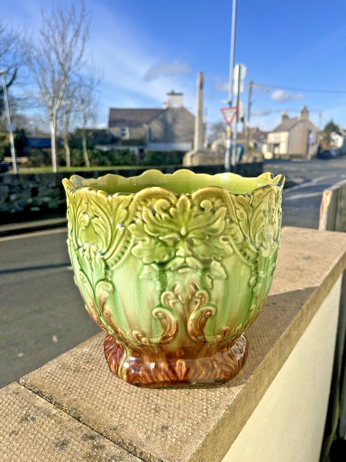 Antique English Majolica Mask Green Man Jardiniere Plant Pot Thomas Forester ? photo vinterior