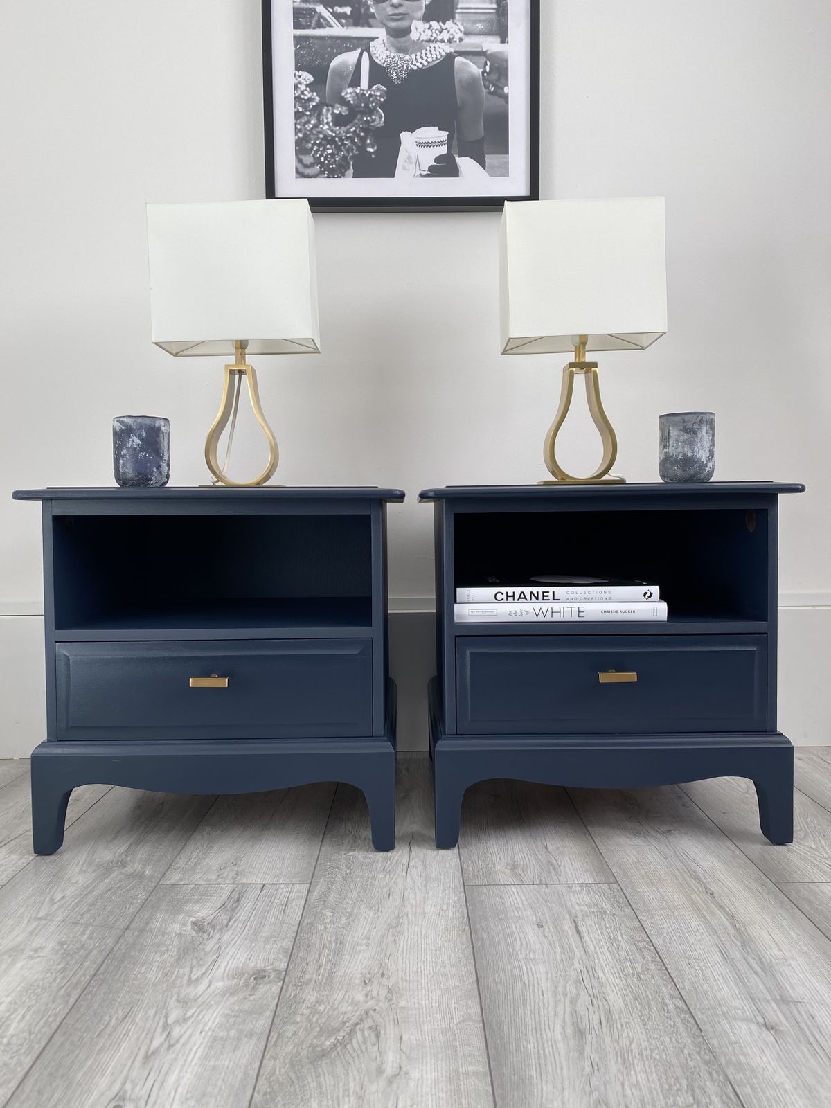 Stag Minstrel, Pair Of Bedside Tables Cabinets, Side Tables, Classic, Handmade, Vintage! Bespoke Orders Available.Painted In Fusion Mineral Navy Blue. photo furniture
