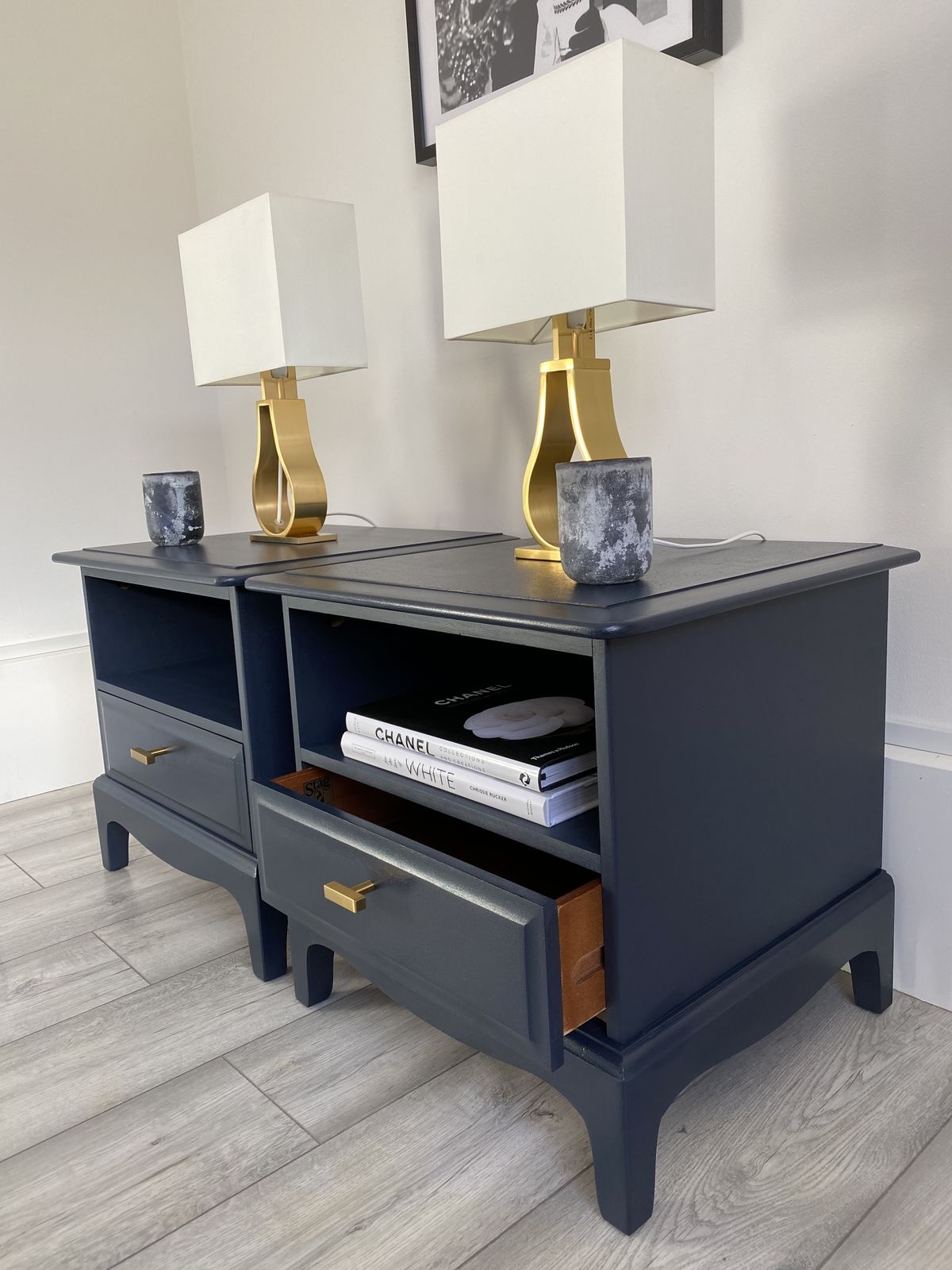 Stag Minstrel, Pair Of Bedside Tables Cabinets, Side Tables, Classic, Handmade, Vintage! Bespoke Orders Available.Painted In Fusion Mineral Navy Blue. photo for sale