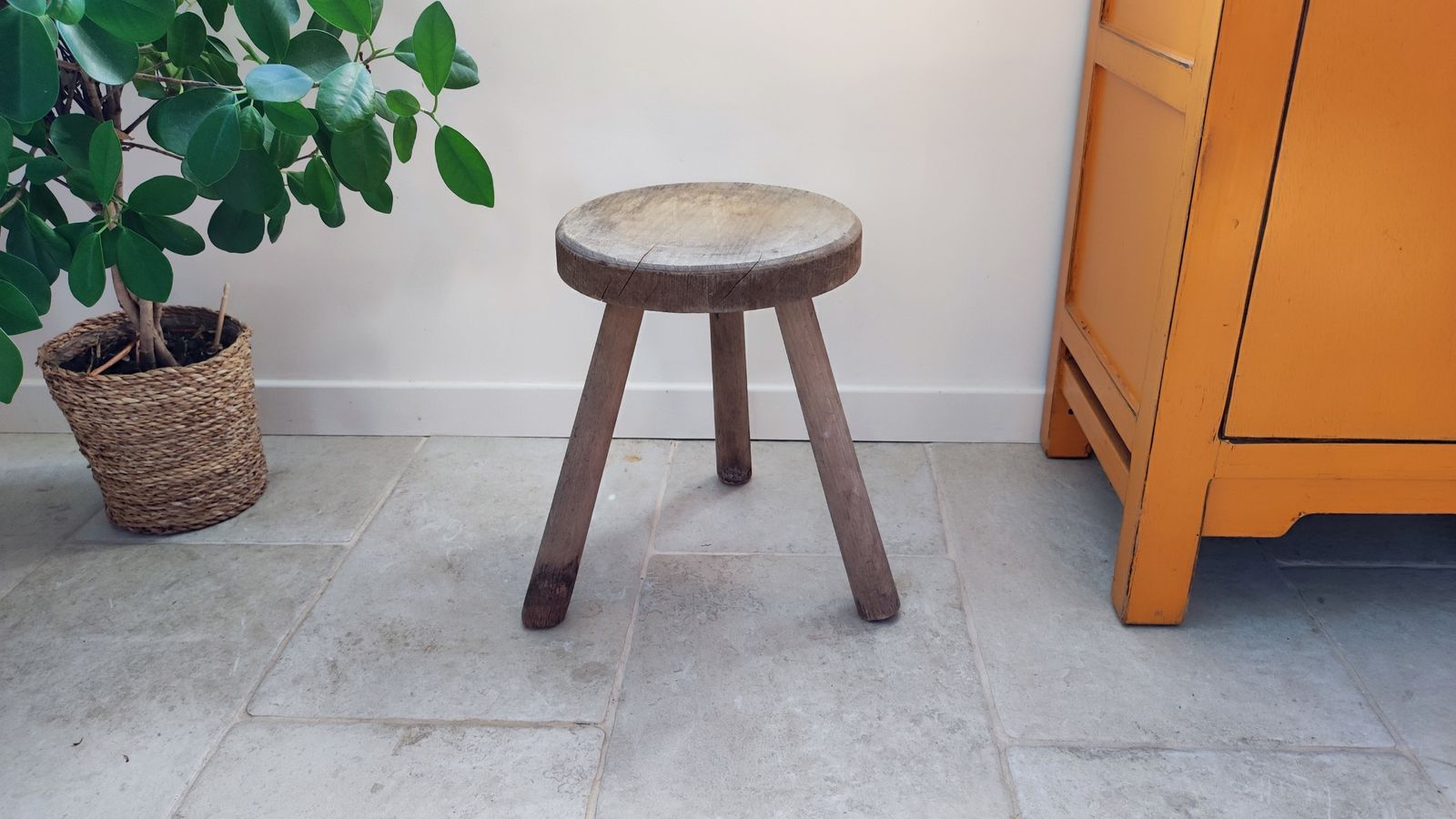 Vintage French Tripod Stool, Primitive French Stool Perriand Style