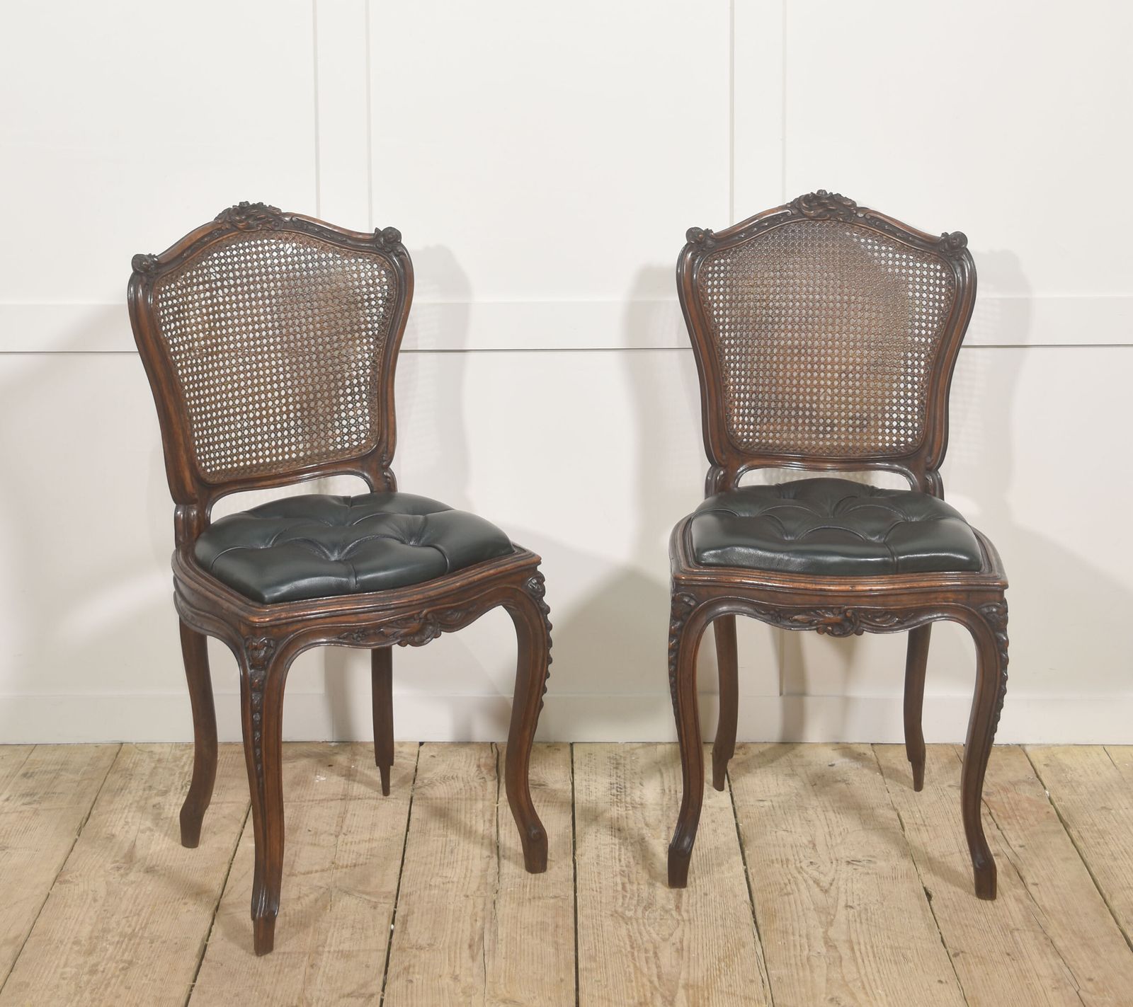 Pair Of Louis XV Style Carved Walnut And Caned Side Chairs photo for sale