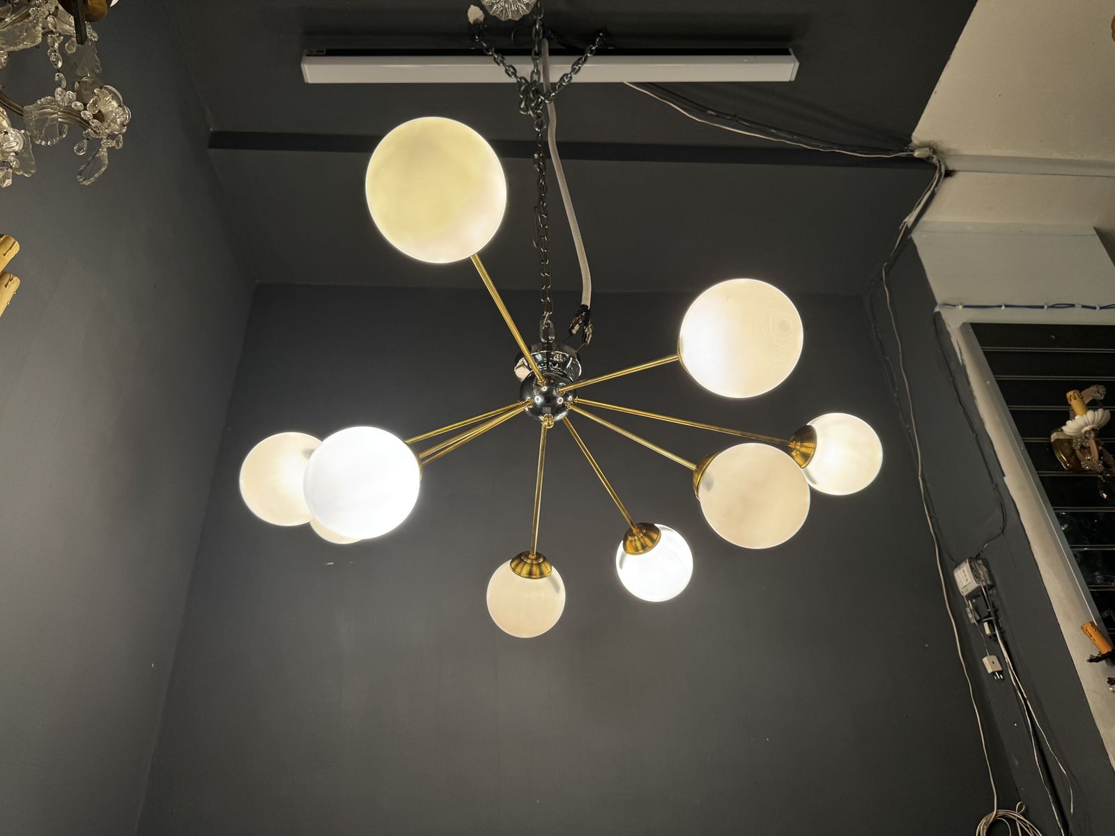Post Modern Sputnik Chandelier In Brass And Opaline Glass, Italy, 1980s/90s photo for sale